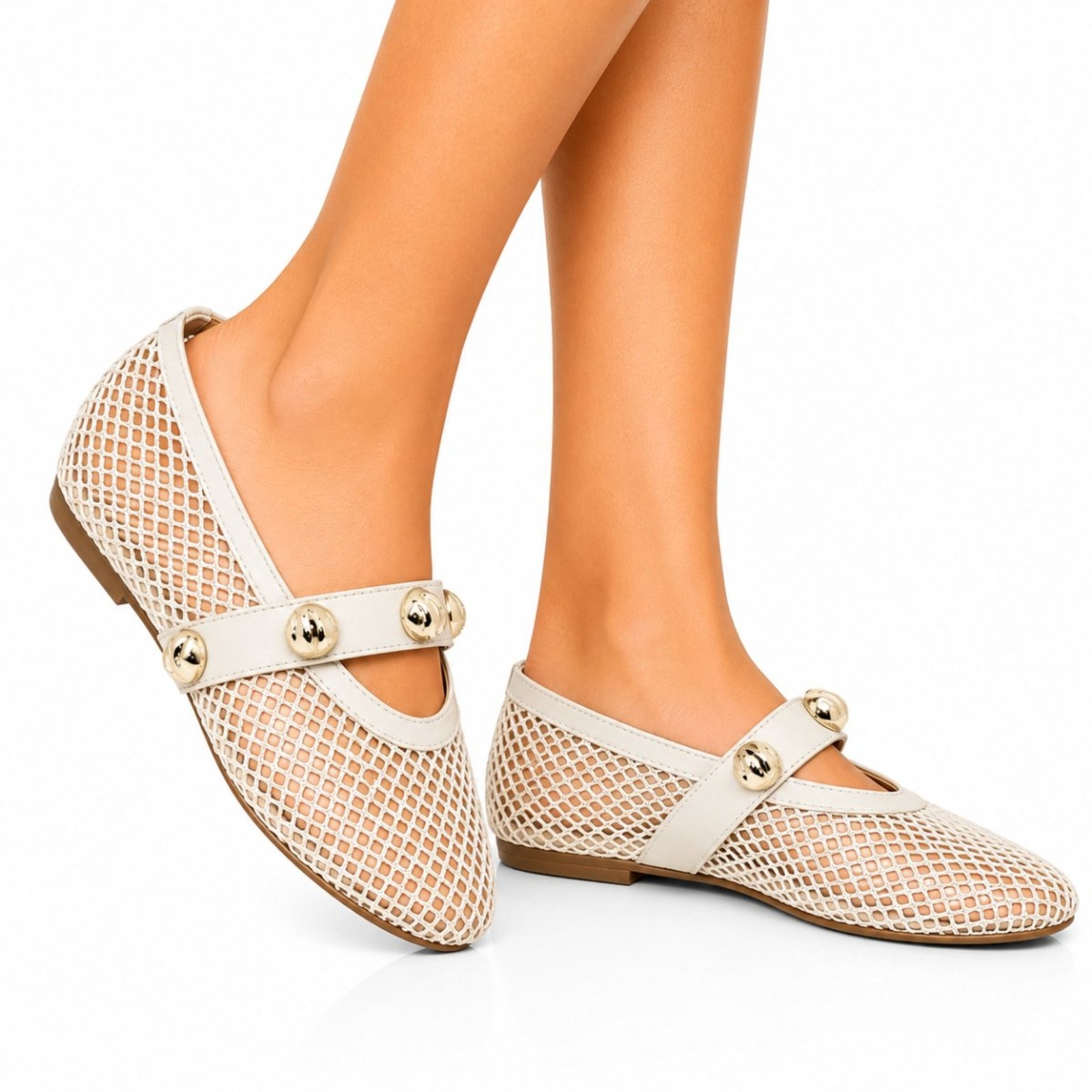 Sapatilha Boneca Bico Fino Flor da Pele em Tela Tira Com Bolinhas Douradas 5405 Off White