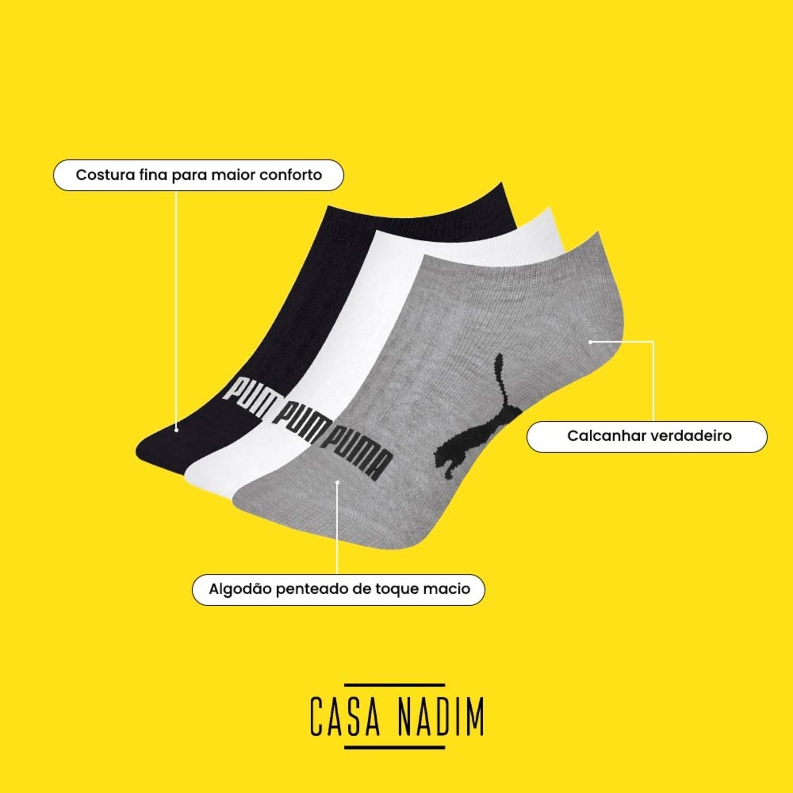 Vista 3 Kit 6 Pares Meia Puma Sapatilha Invisível Algodão Adulto Puma preto