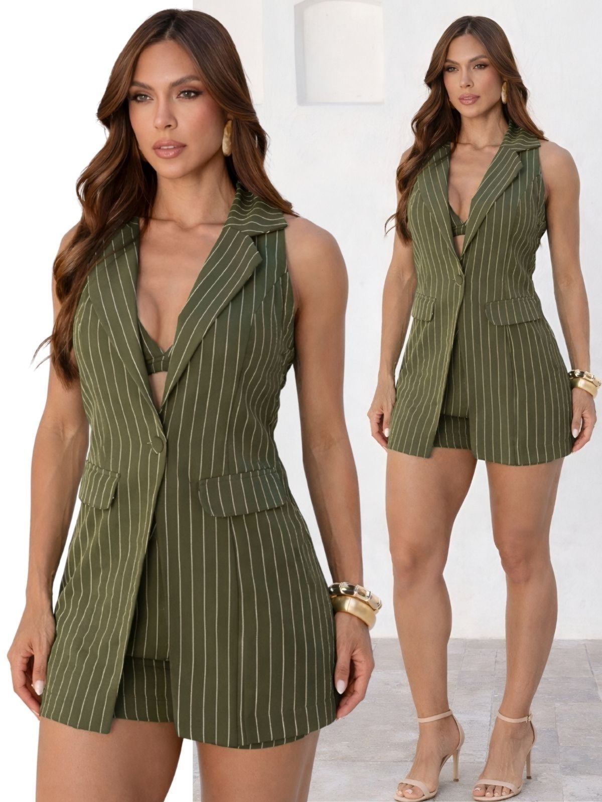 Conjunto Feminino Curto Divina Gata 3 Peças Blazer, Top e Shorts - Verde nv