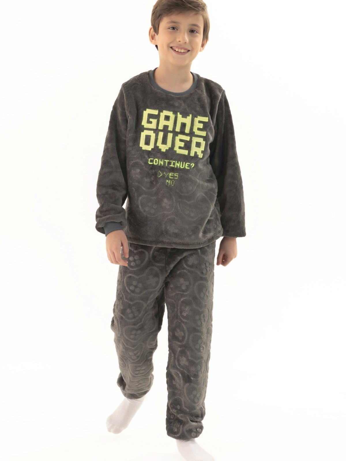 Pijama de Inverno Longo em Soft Fleece Menino Game Over Cinza