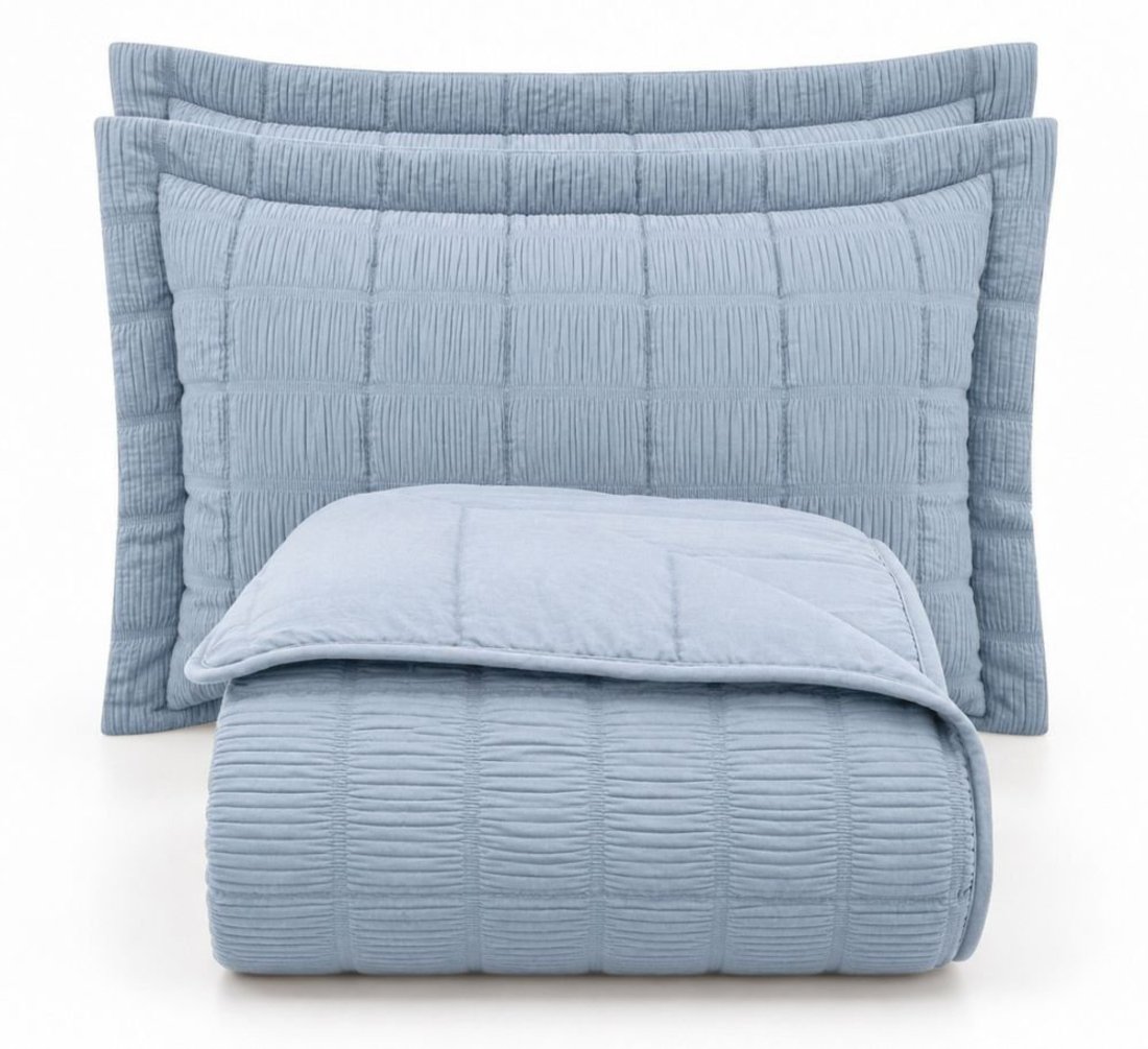 Kit Cobre Leito Linen King Micropercal 300 Fios Matelassê Colcha 3 Peças Efeito Creponado Azul