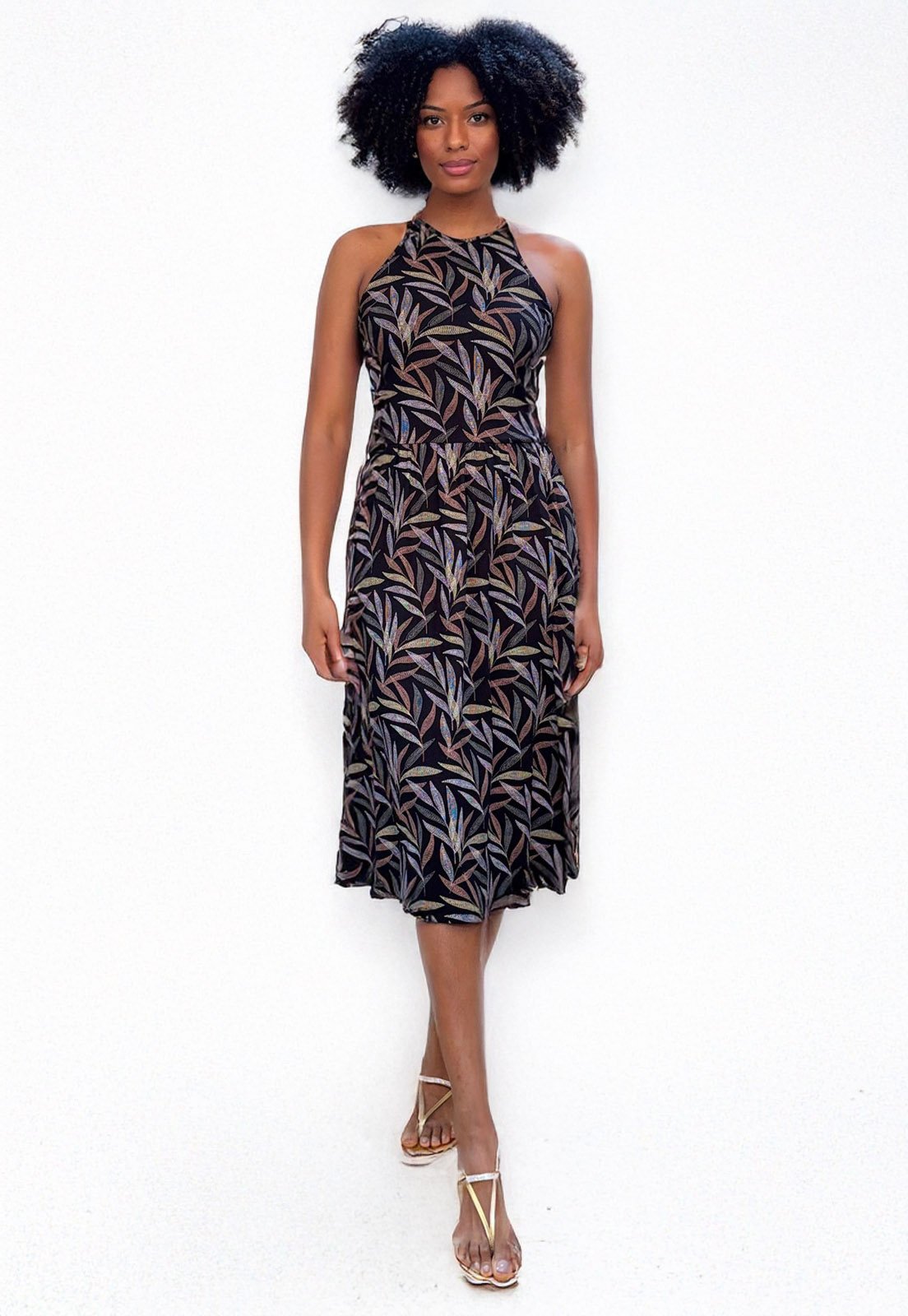 Vestido Midi Cabanafree Malha Trapézio Estampa Folhagem