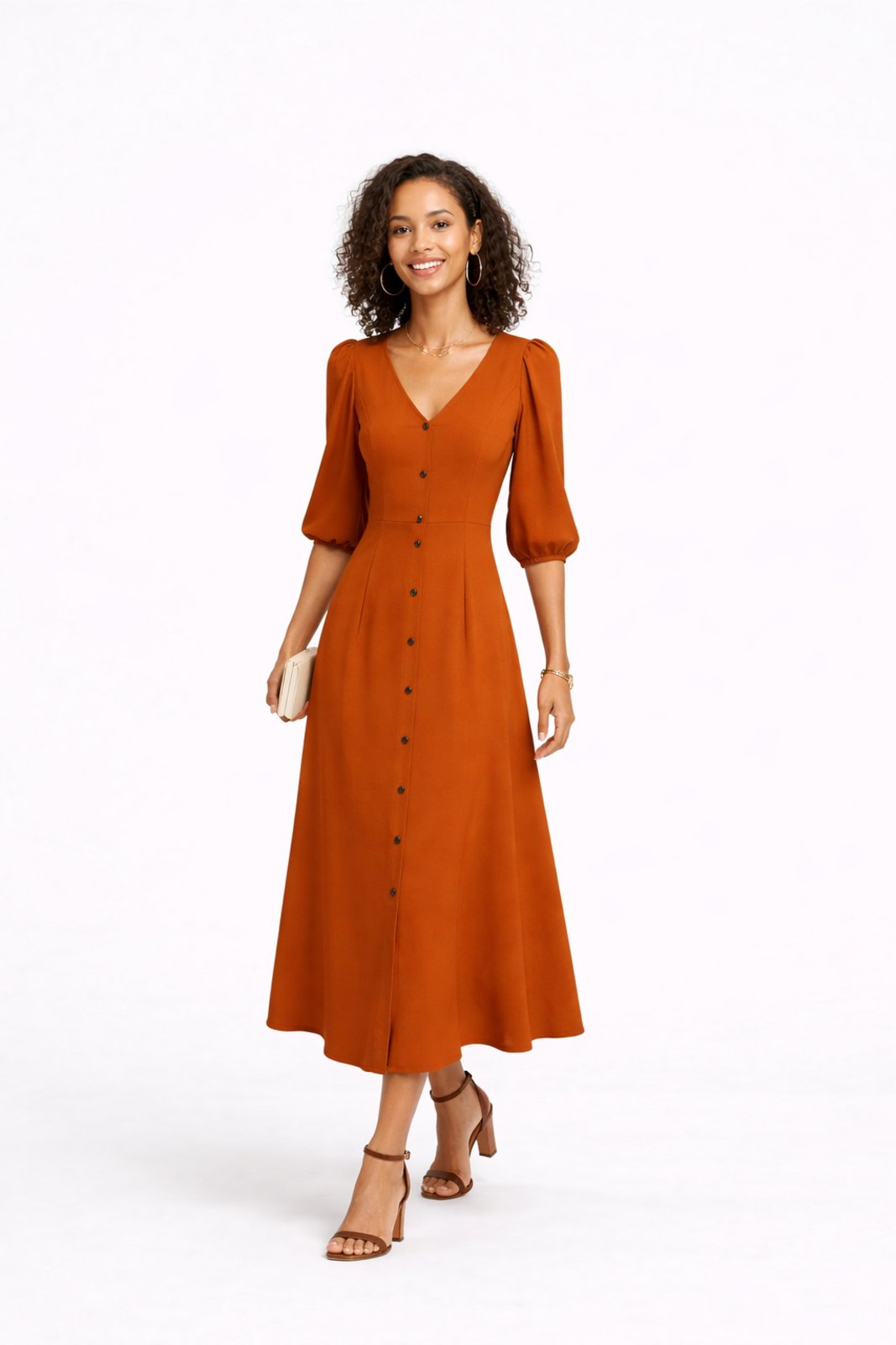 Vestido Longo D Bell Outlet Fashion Manga Longa Terracota