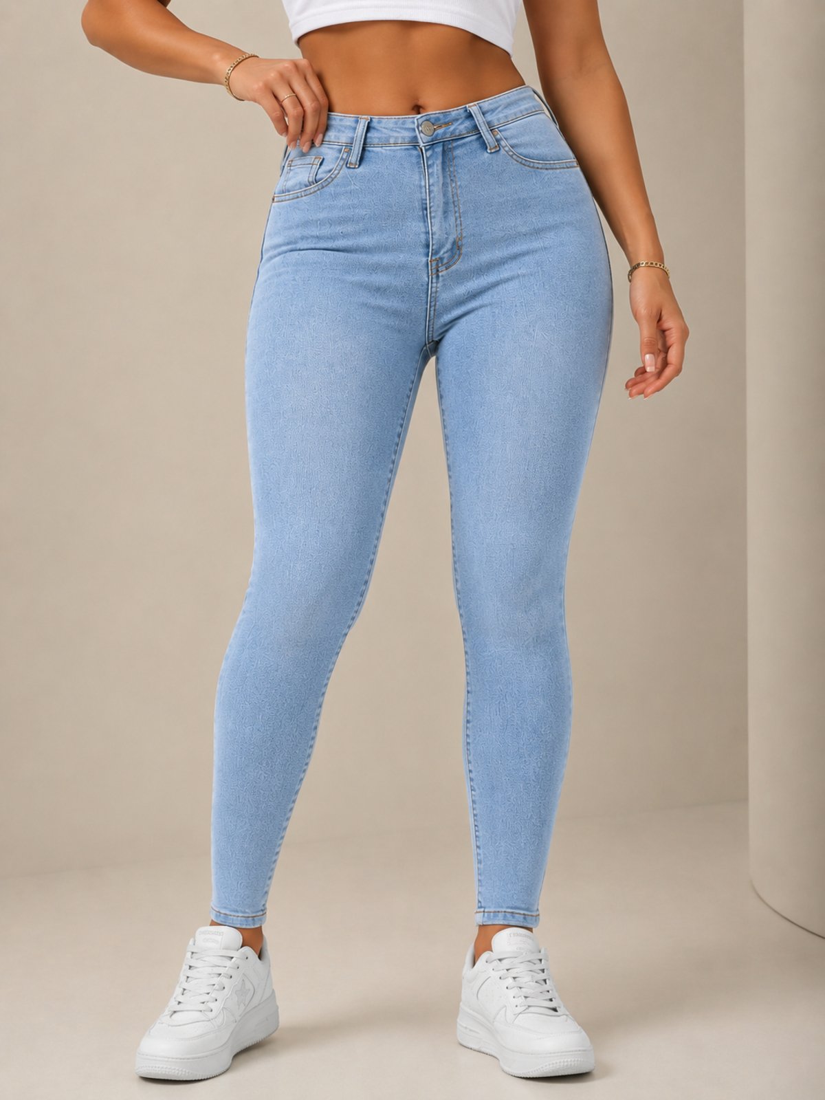 Calça Jeans Tex Jeans Skinny Delavê Cintura Alta Feminina