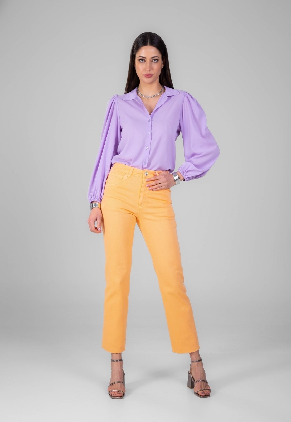 Calça Jeans Traymon 5 Bolsos Laranja Claro