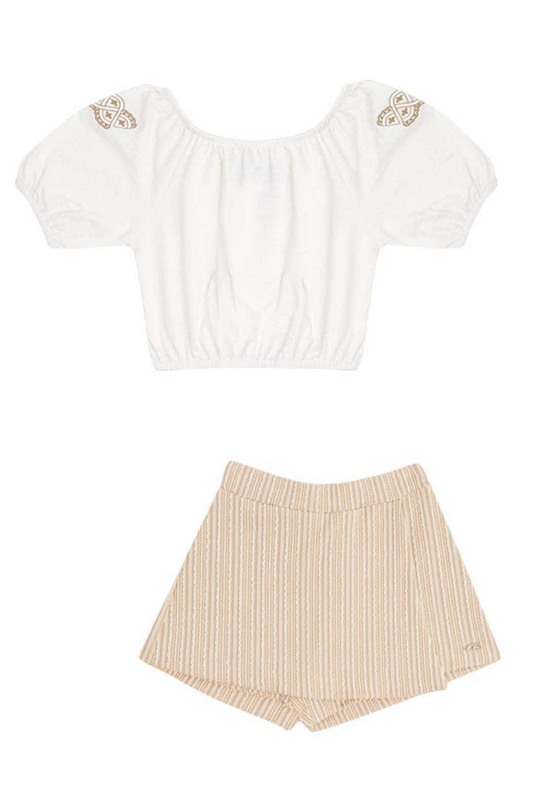 Infantil - Conjunto Blusa Texturizada com Bordado e Short-Saia Listrado Areia