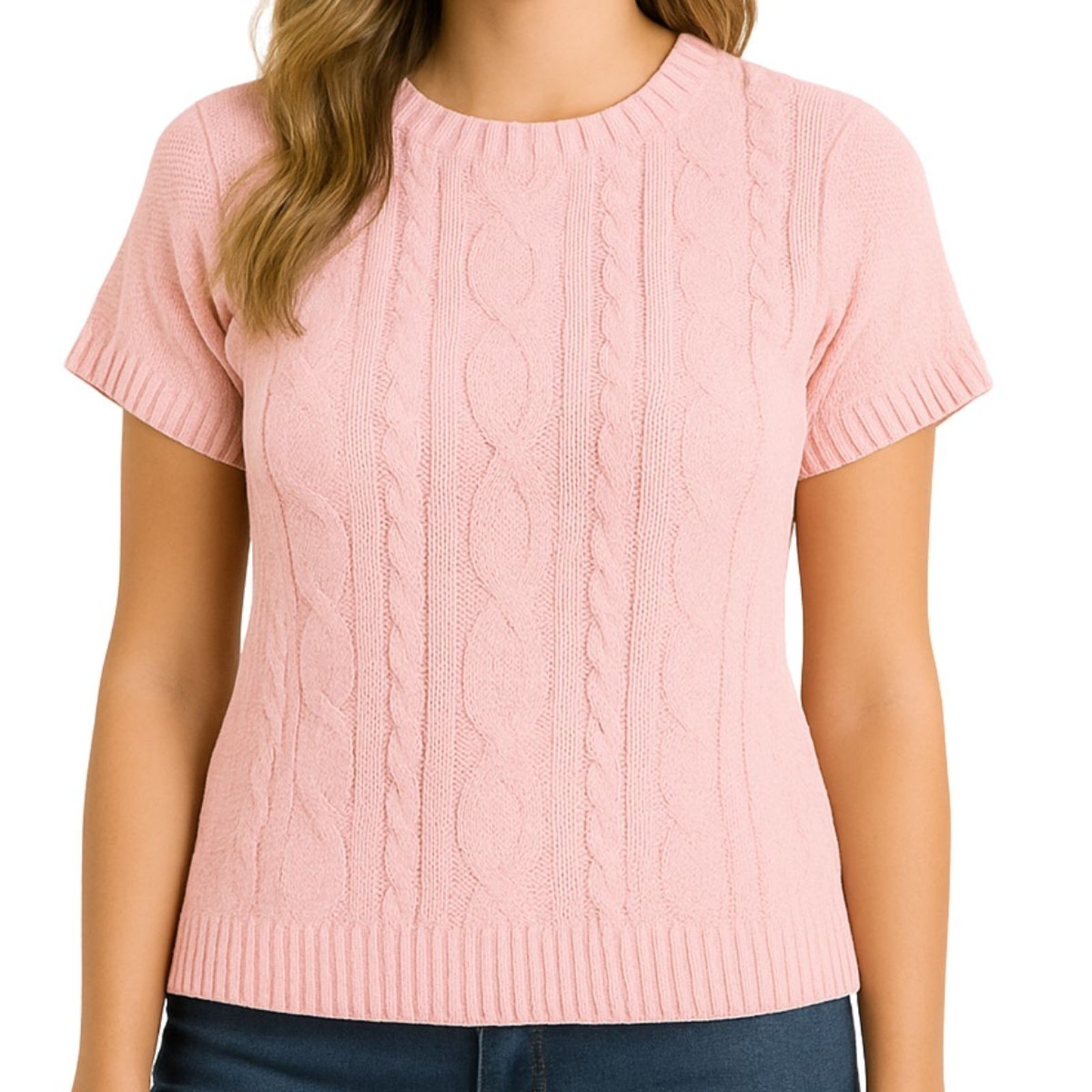 Blusa FMF Feminina Tricô Manga Curta Canelada Trama Trançada Rosa