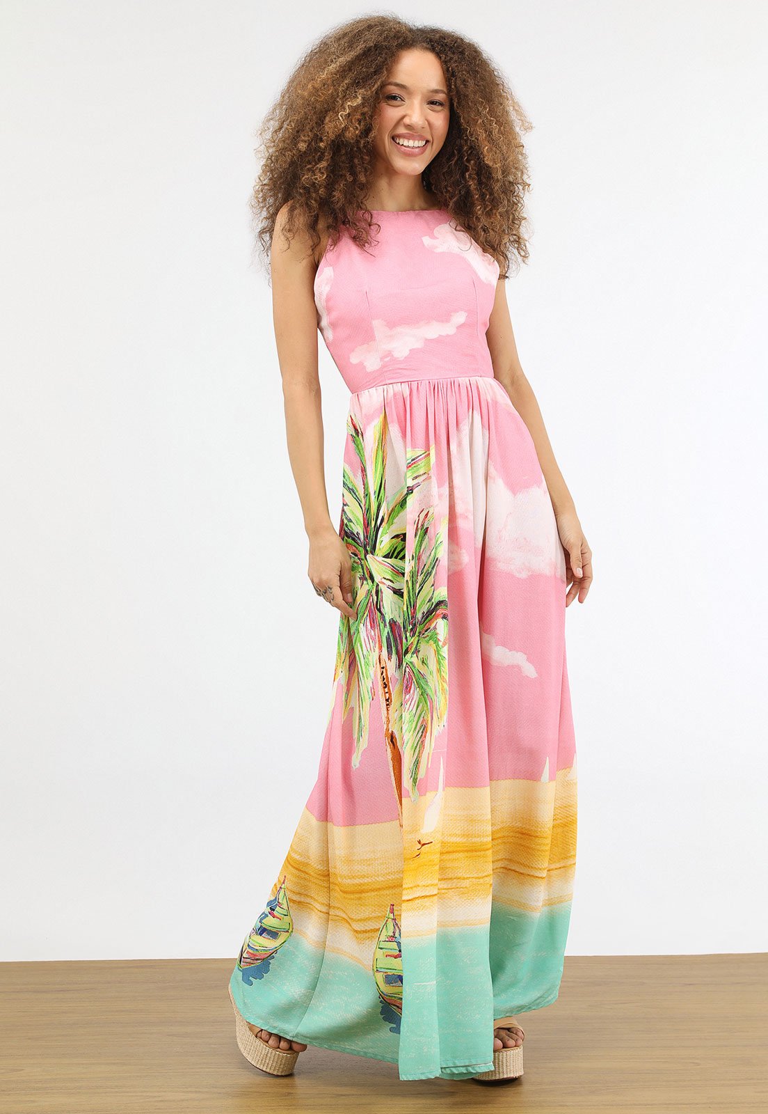 Vestido Feminino FARM Longo Estampa Tropical Rosa