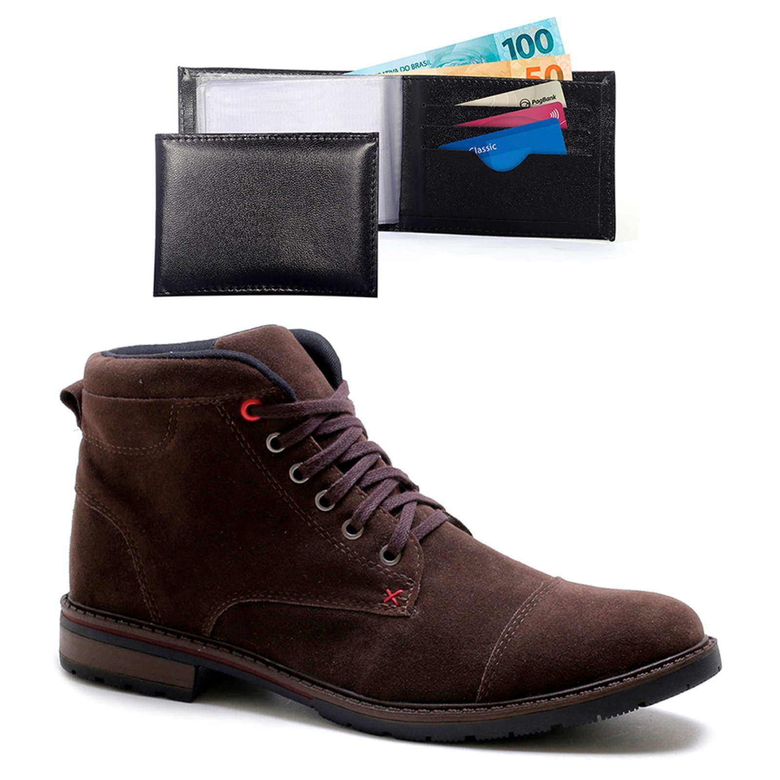 Bota Masculina Com Carteira Bredeni Confortavel Coturno Estilo Casual Marrom