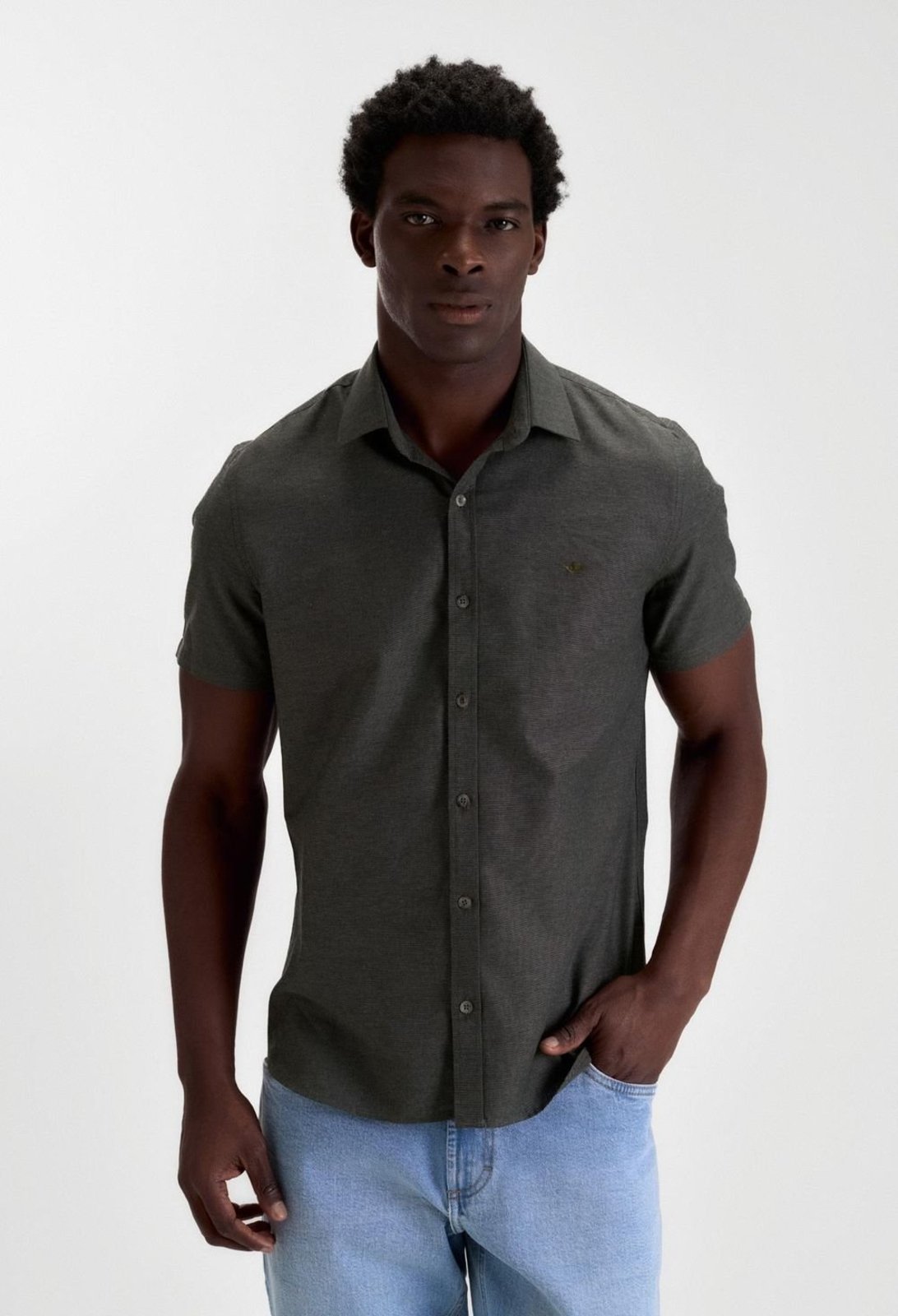 CAMISA DOCTHOS SLIM MANGA CURTA FIO MESCLA 041 Verde Militar G