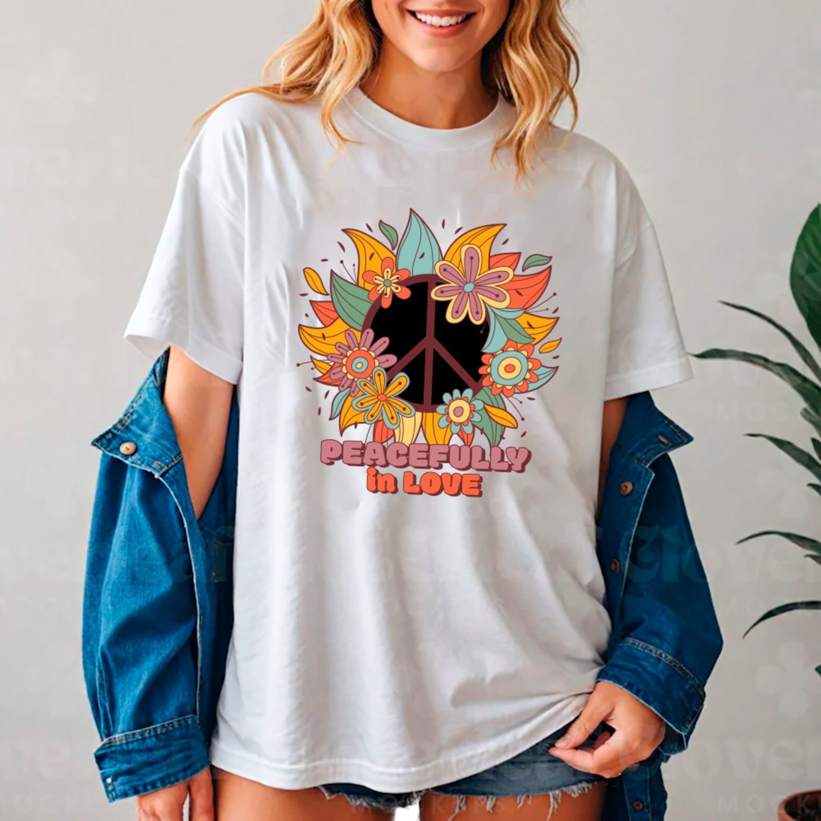 Camiseta Ousy Hippie PeacefullyIn Love Oversized Feminina Branco