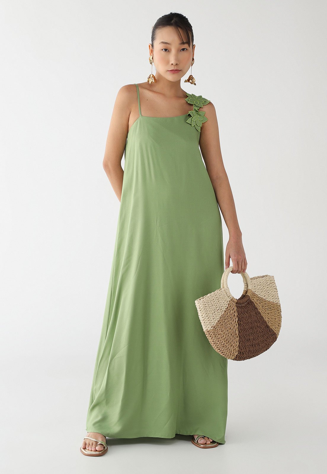 Vestido Longo Feminino CaCay Alça Aplique Flor Verde