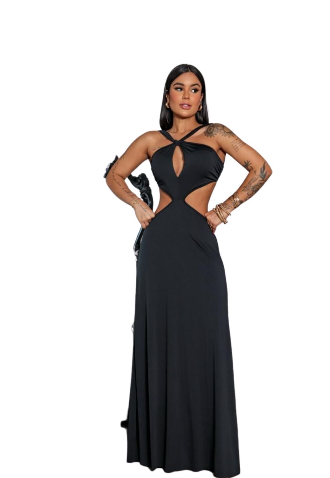 Vestido Longo Fluity Nataly Abertura Preto