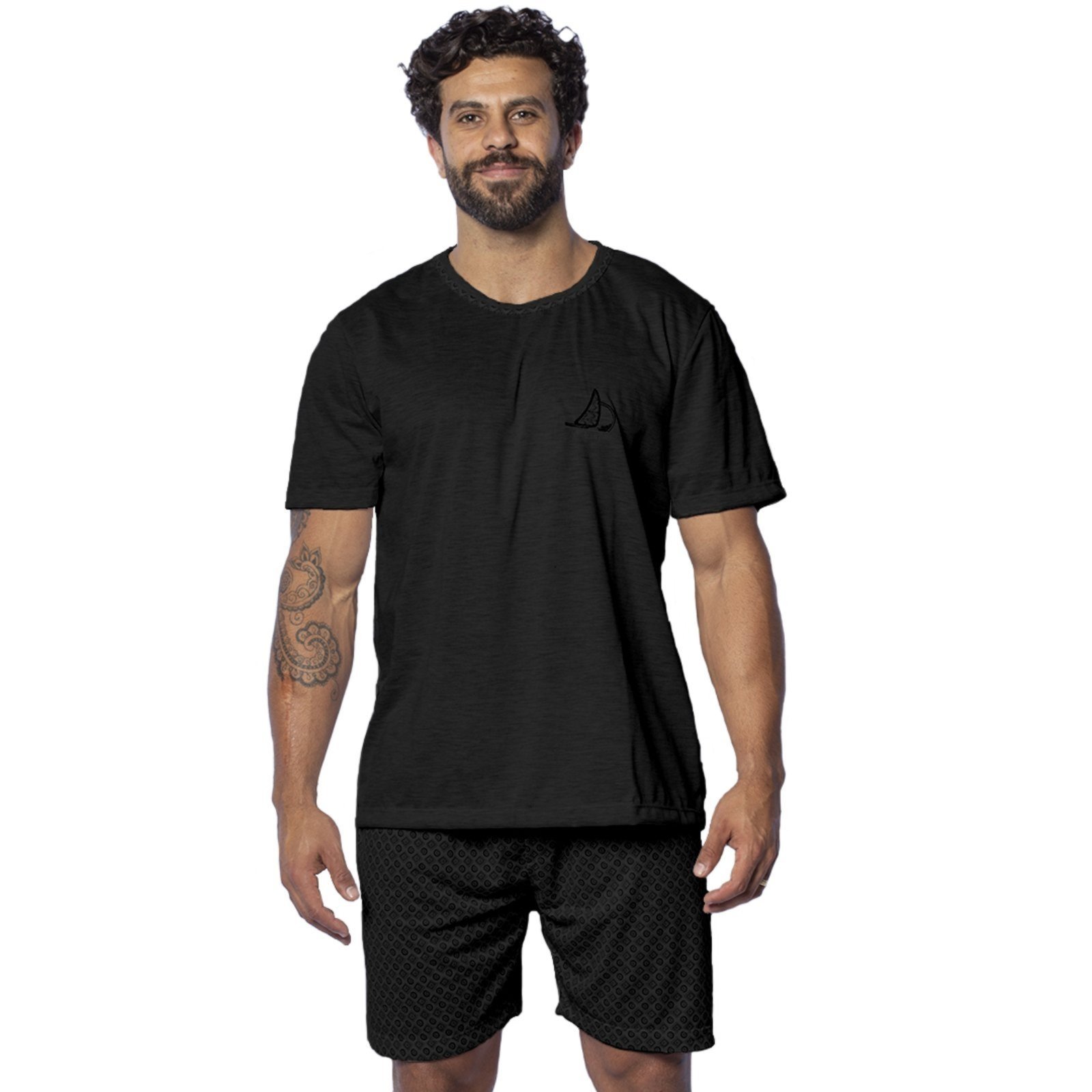 Pijama Tetê Variedades Masculino Malha Manga Curta Short Estampado Confortável Preto