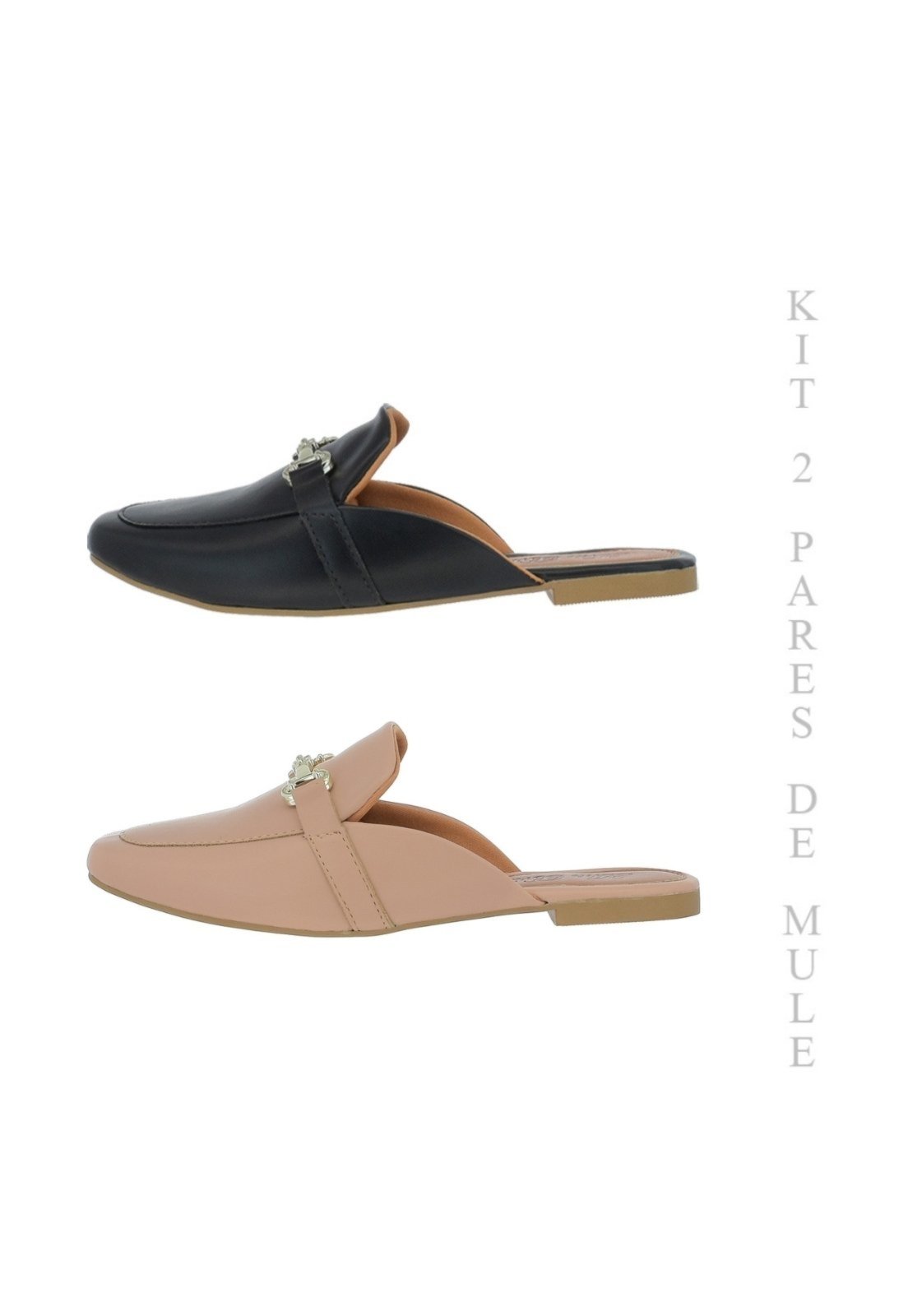 Mule Kit 2 Pares Sapato Sapatilha Bico Quadrado Rasteira 132 Preto/Nude
