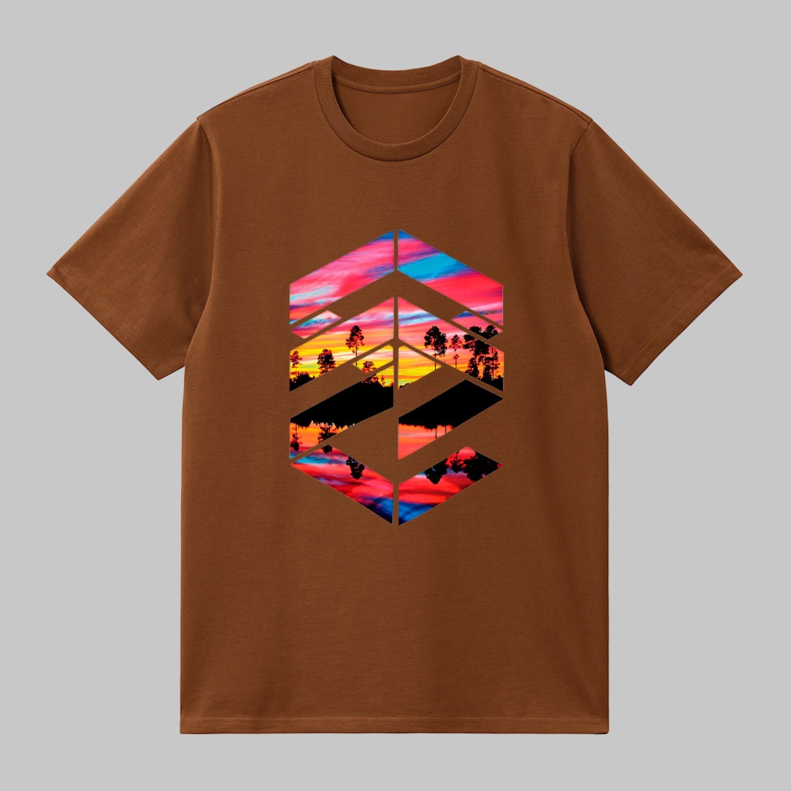Camiseta Básica Geometric Sunset Landscape Unissex Marrom