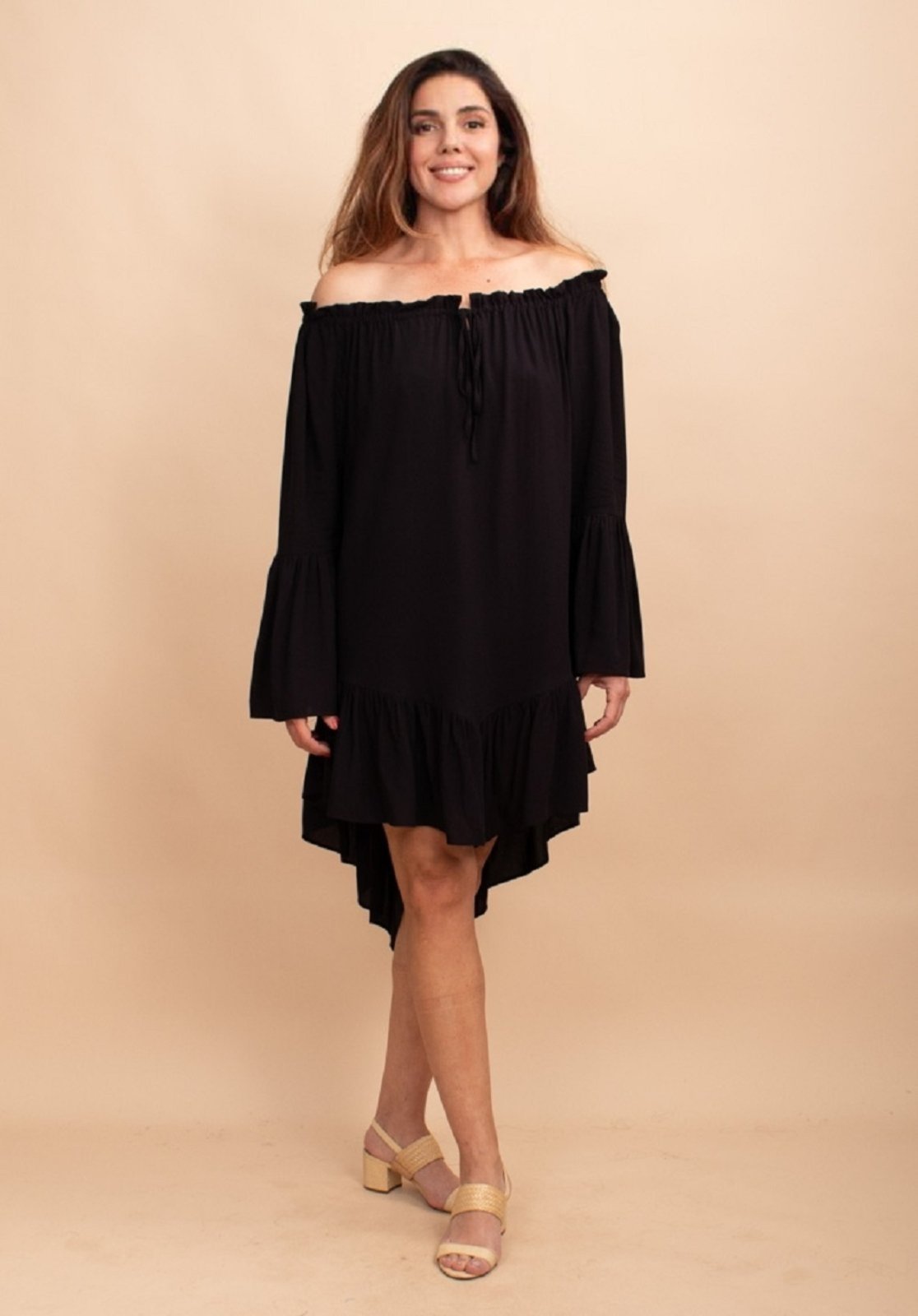 Vista 3 Vestido Curto Viscose Com Babados Amazonia Vital preto