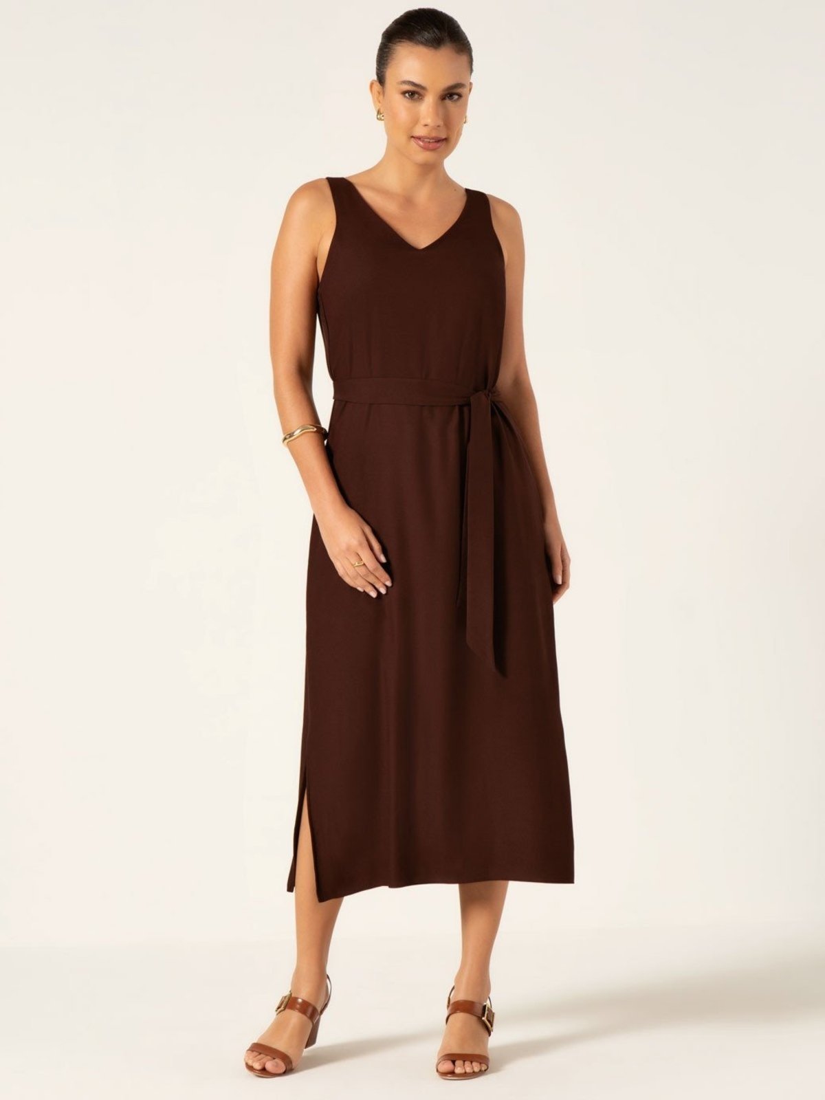 Vestido Principessa Longuete de Viscose Marrom Dagmar