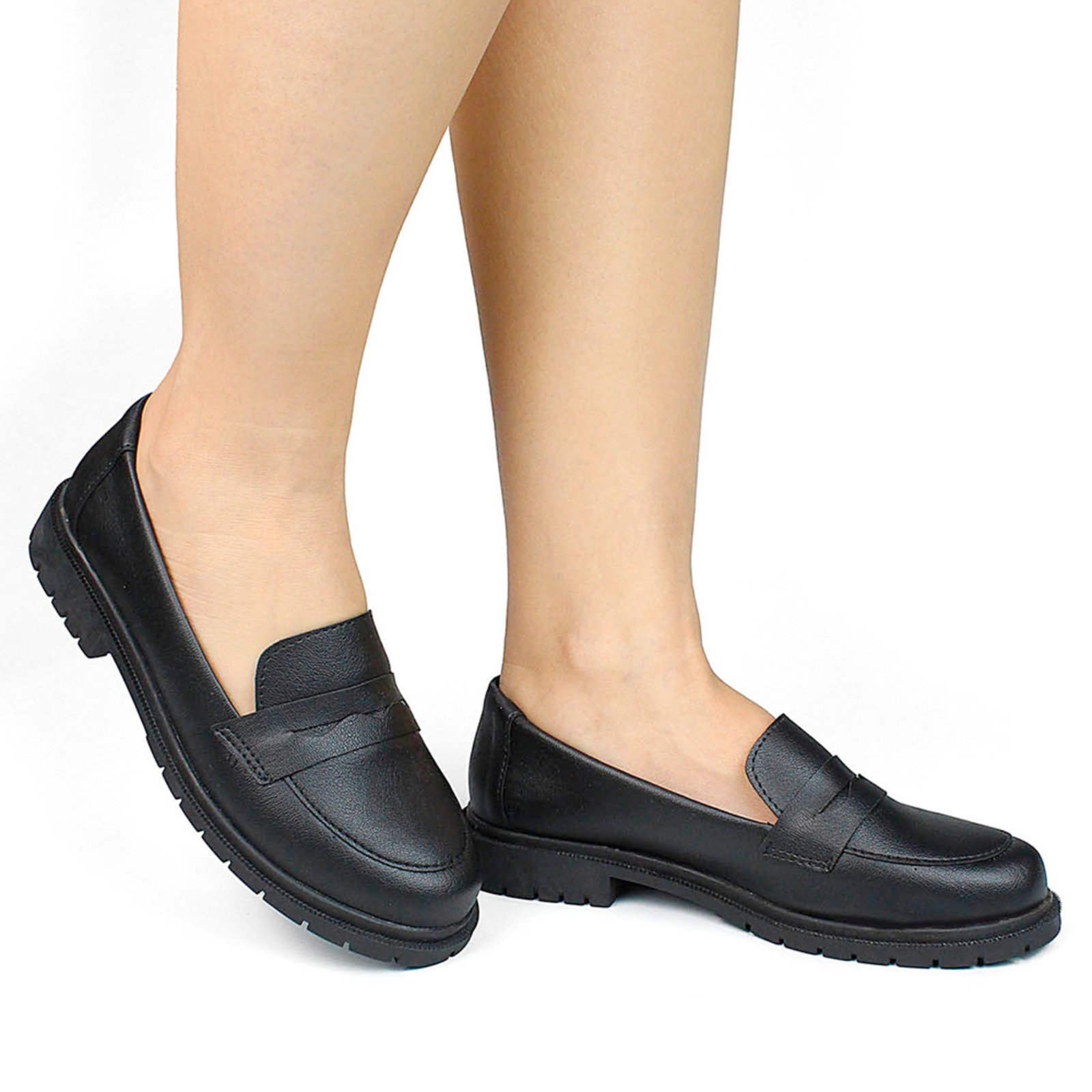 Sapato Feminino Mocassim Tratorado Donatella Shoes Bico Redondo Confort Preto Oxford