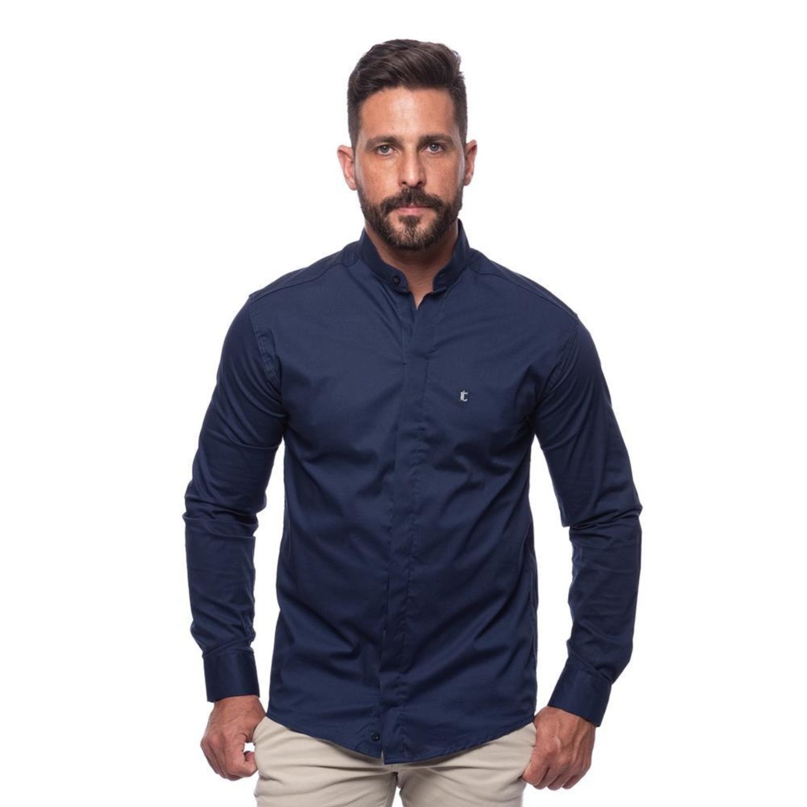 Camisa Masculina Acetinada Gola Padre Manga Longa Elastano Azul Claro G Azul Marinho