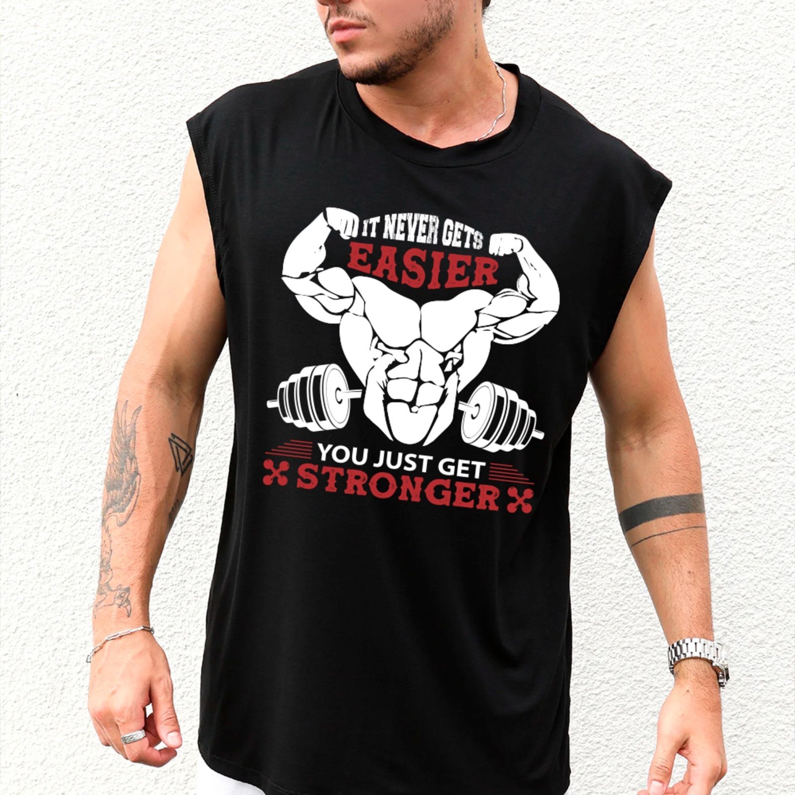 Camiseta Regata Machão Ousy It Never Gets Easier Stronger Oversized Masculina Preto