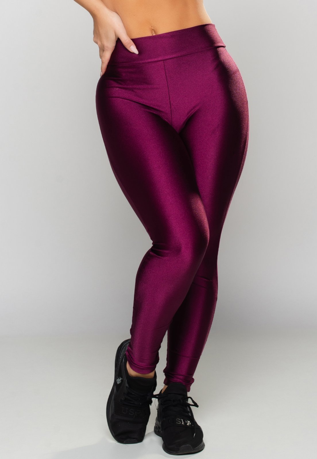 Calça MVB Modas Legging Poliamida Brilhosa Feminina Cintura Alta Vinho