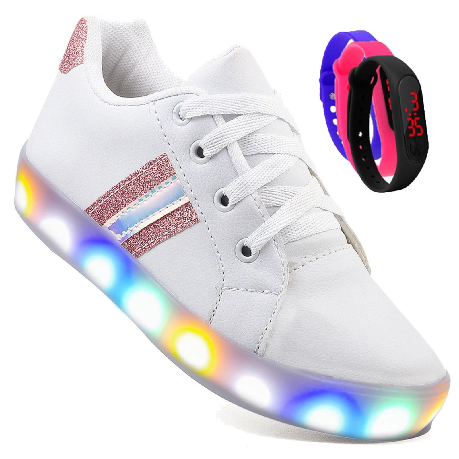 Infantil – Kit Tênis De Led Branco Meninas Brilhante Relógio