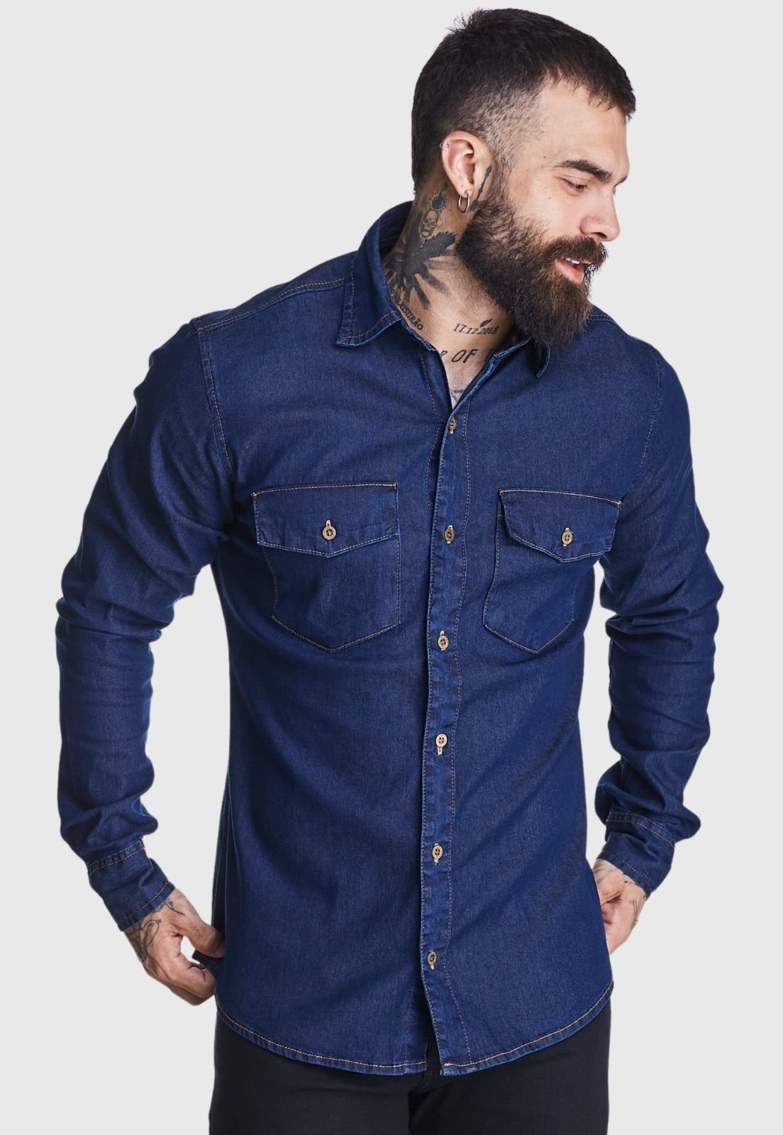 Camisa Jeans HNO Jeans Premium Slim 2 Bolsos Azul Marinho