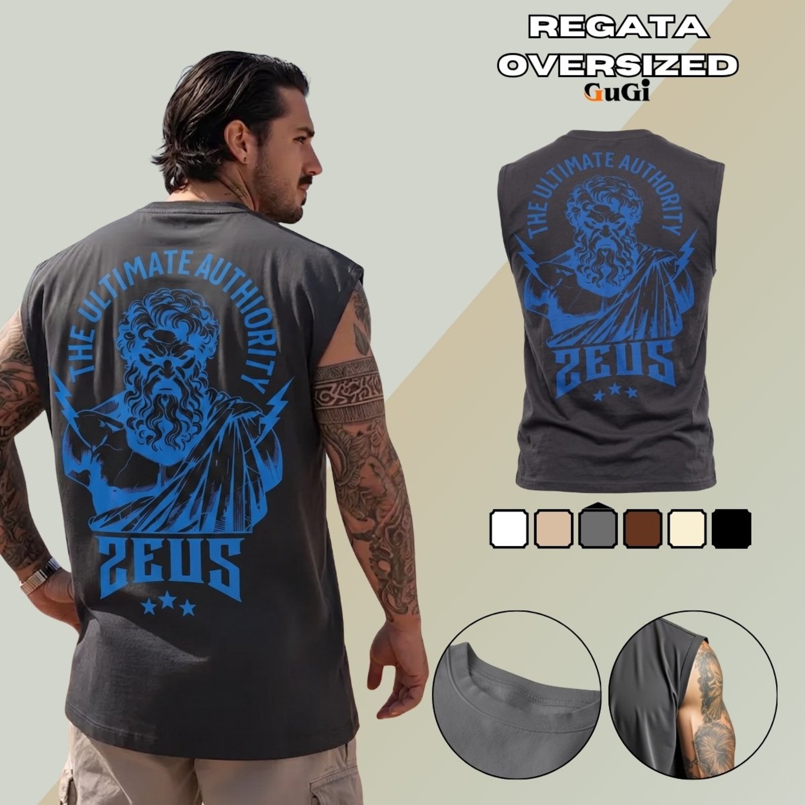 Camiseta Regata Masculina Oversized Estampada Mitologia Grega Zeus 100% Algodão 30.1 - Chumbo