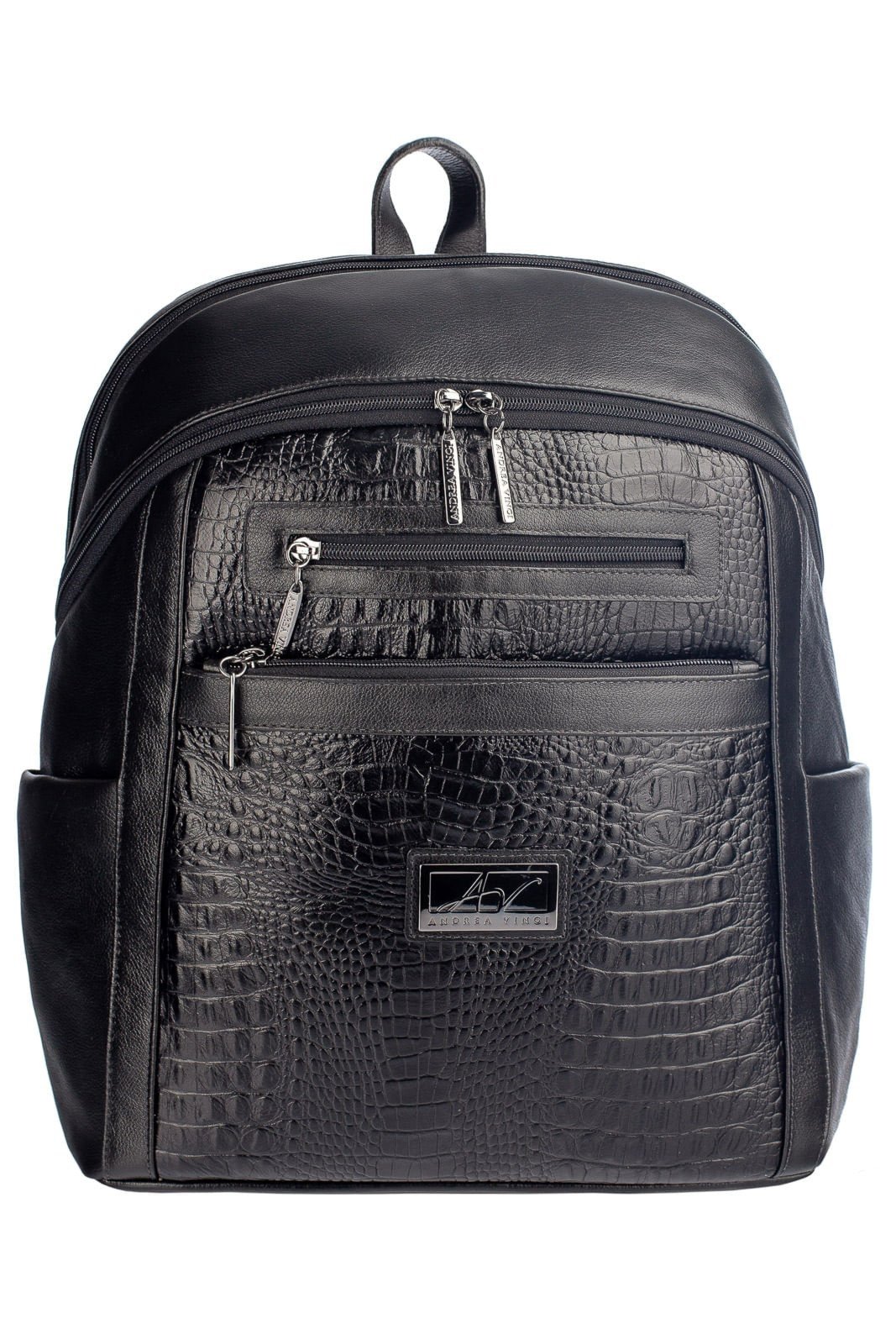 Mochila grande de couro croco metais grafite Marcela - Preto