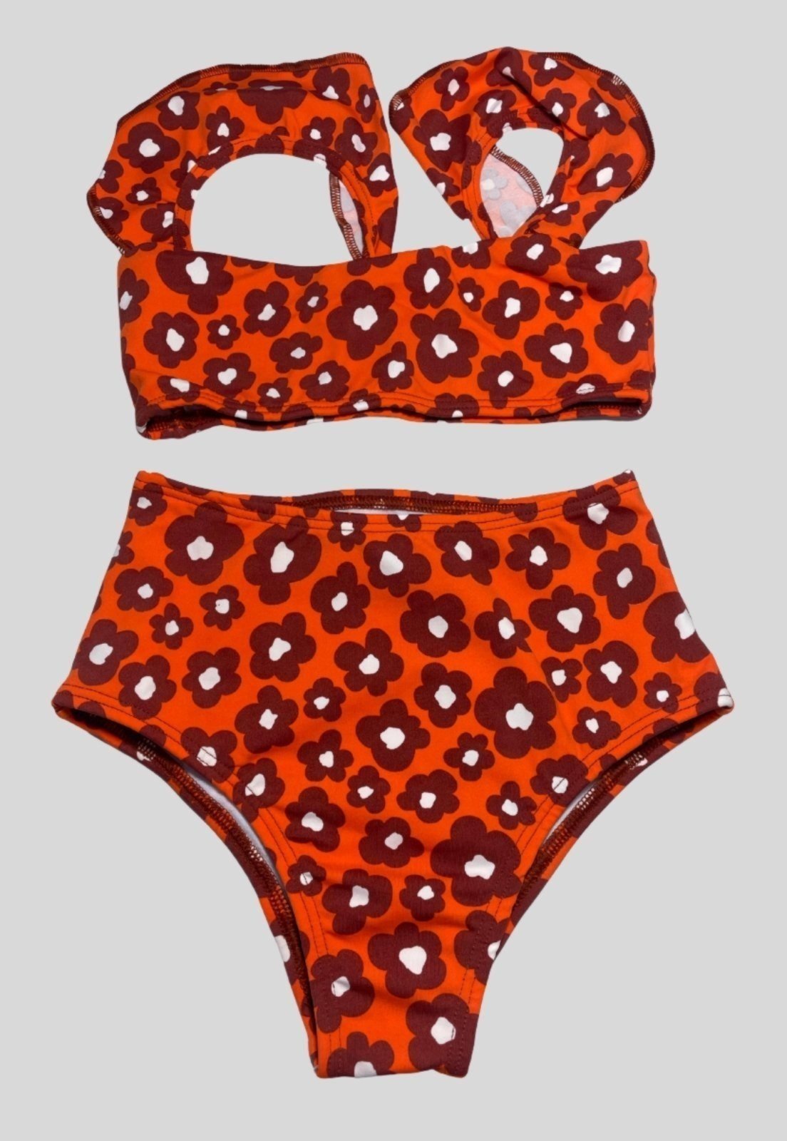 Biquíni WLS Modas Moda Praia Verão Cropped Alça Babadinho Estampado Laranja