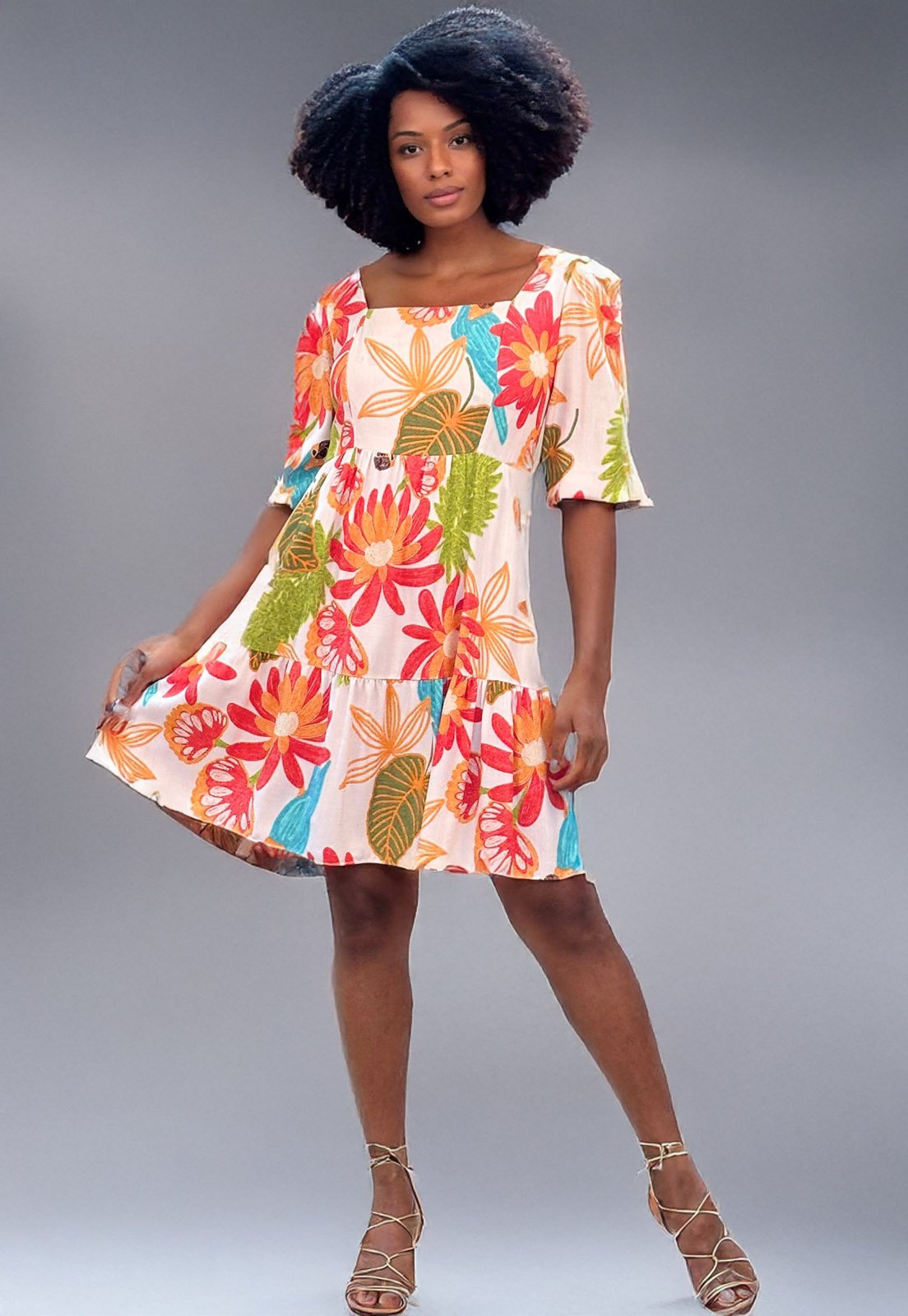 Vestido Amazonia Vital Midi Com Manga Estampa Florida