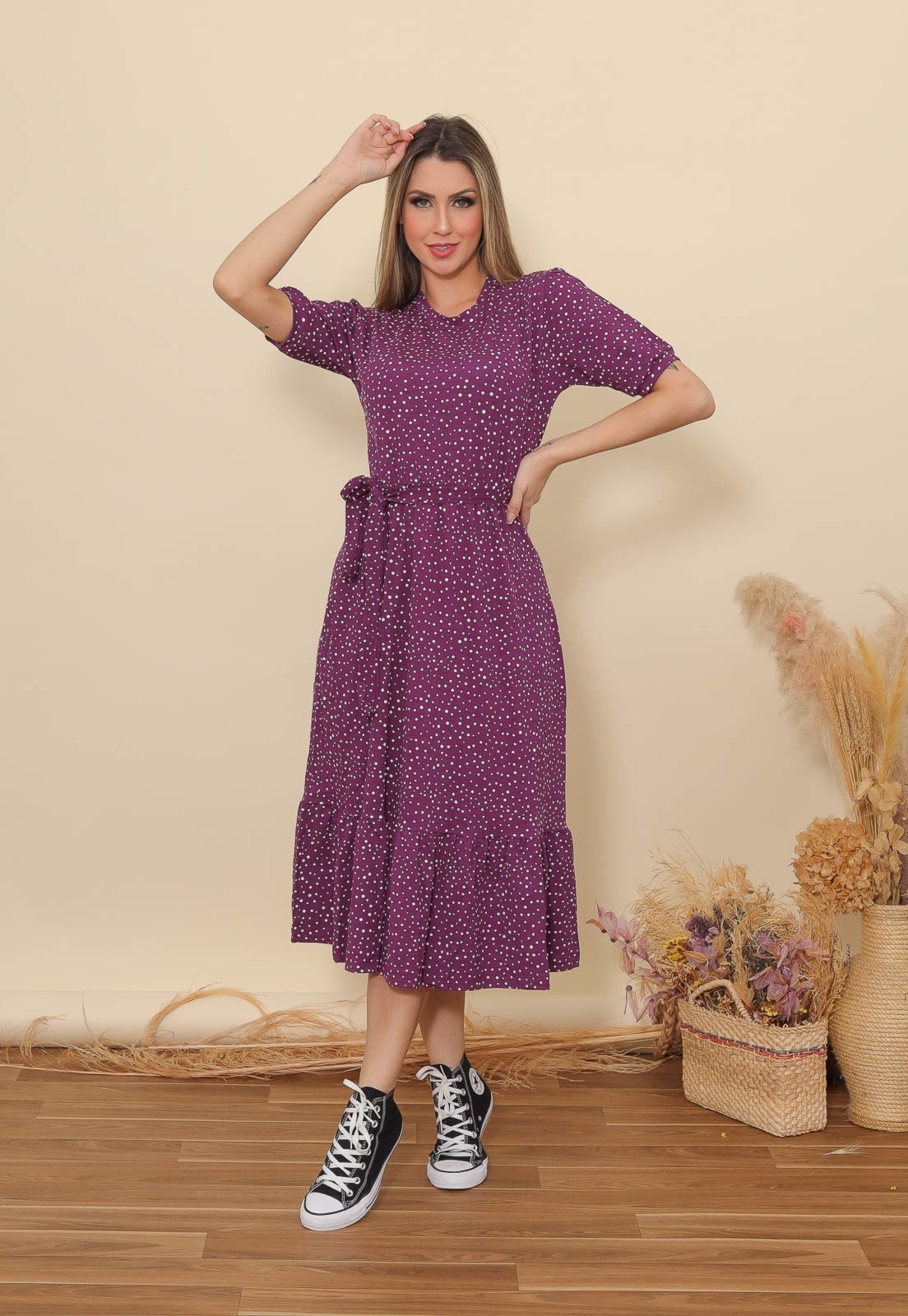 Vestido Aura Faixa Babado Roxo