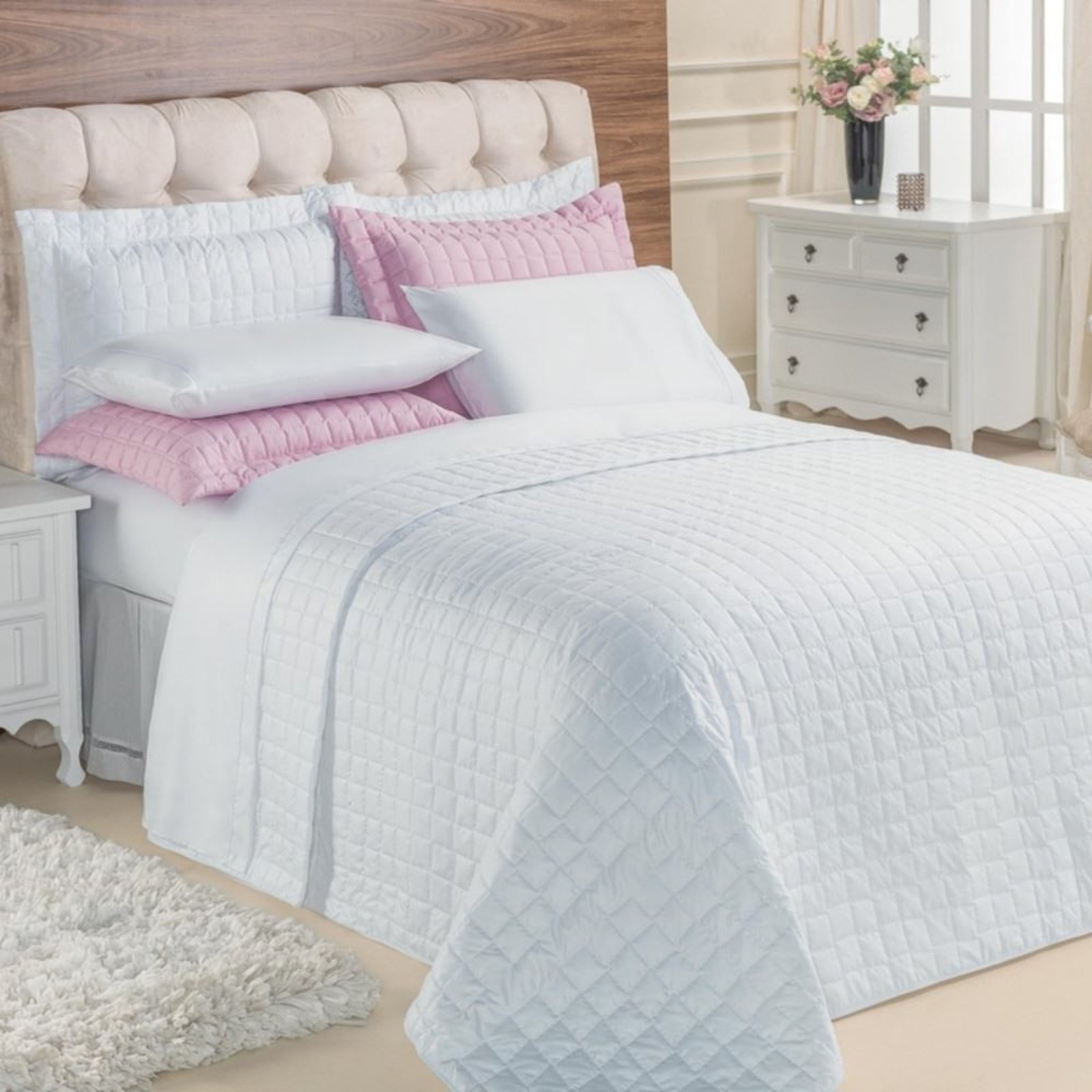 Kit Cobre Leito Queen Casa Modelo Enxovais com Jogo de Lençol Top Line 7 Peças Branco