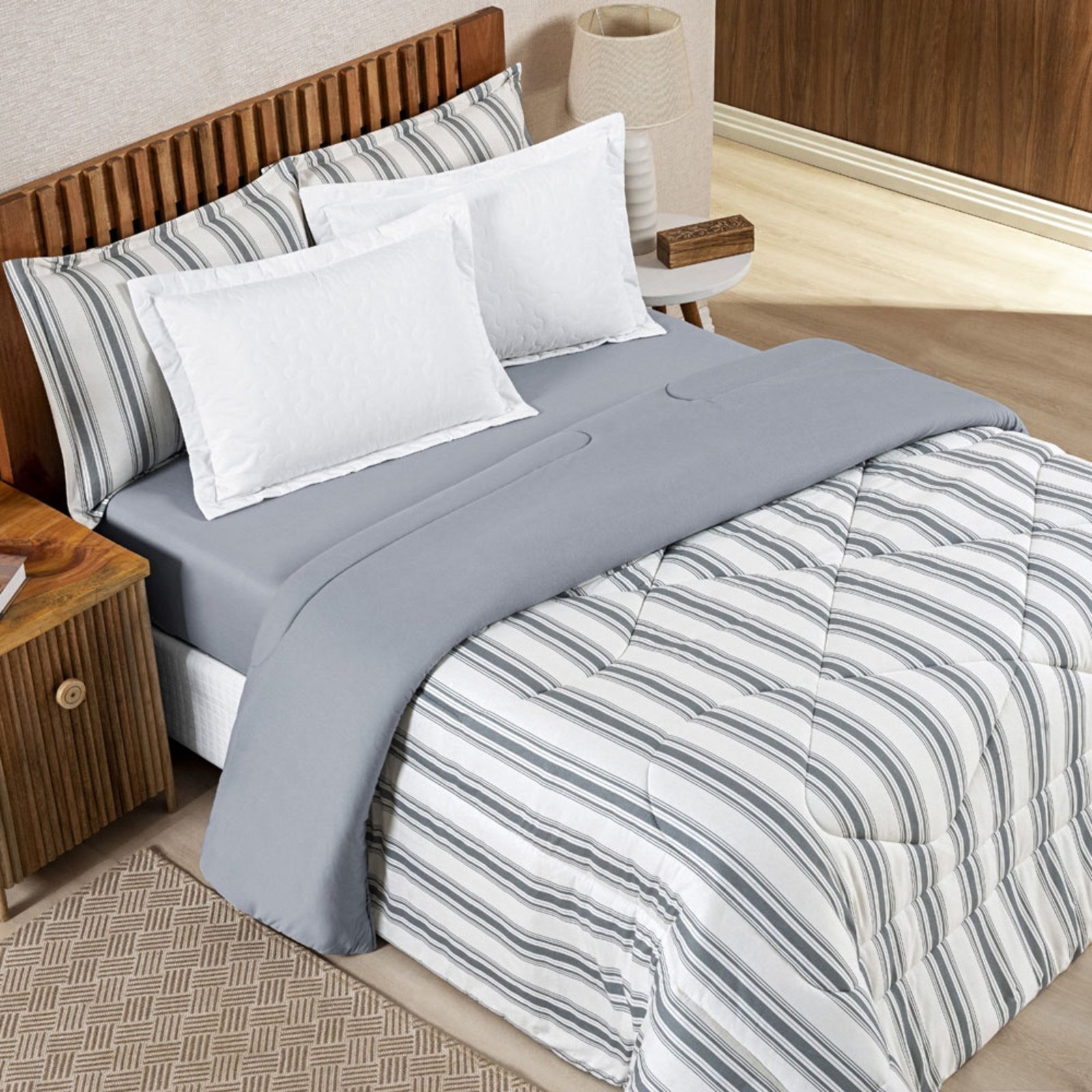 Edredom Cobertor Casa Scarpa Daily Super King Malha Listrado Dupla Face Fio Penteado - Cinza