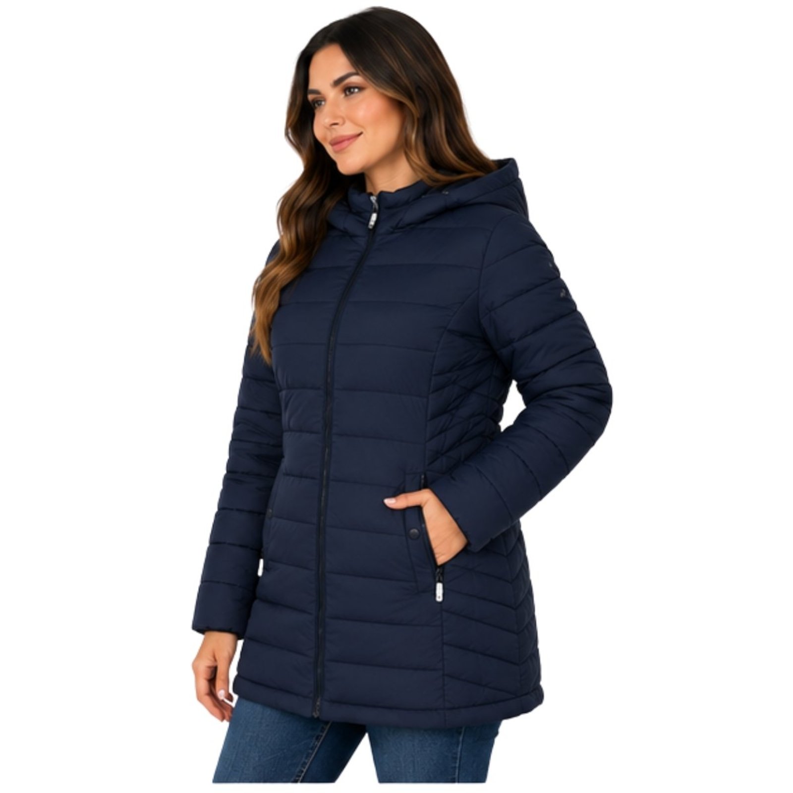 Jaqueta Parka Puffer Feminina Longa Inverno Capuz Casaco Nylon Premium Azul Marinho