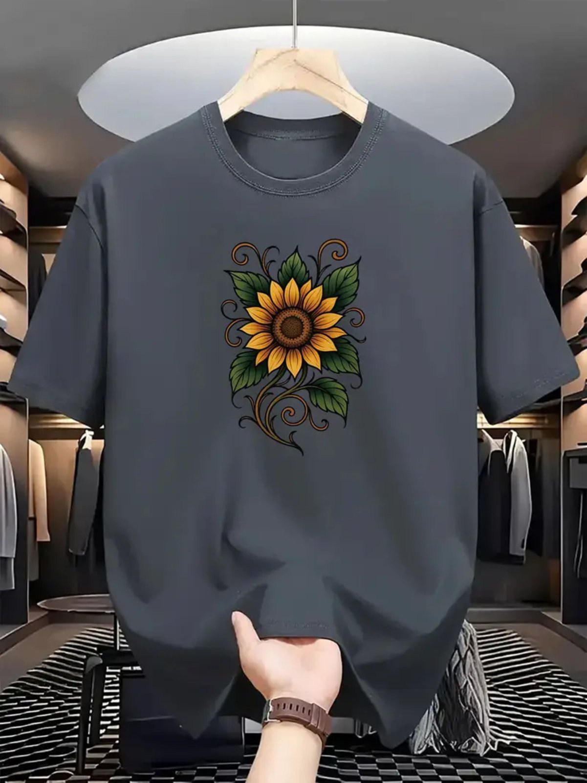 Camiseta Estampada Girassol II Safira Moda Algodão Cinza Chumbo