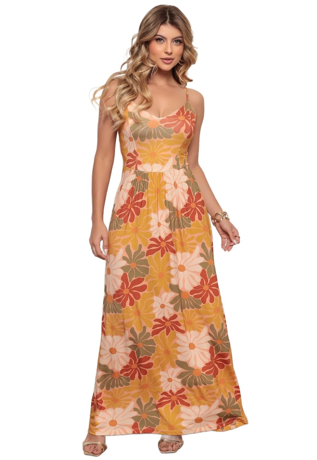 Vestido Longo Casual Alcinha Dellamarca Estampa Total Floral