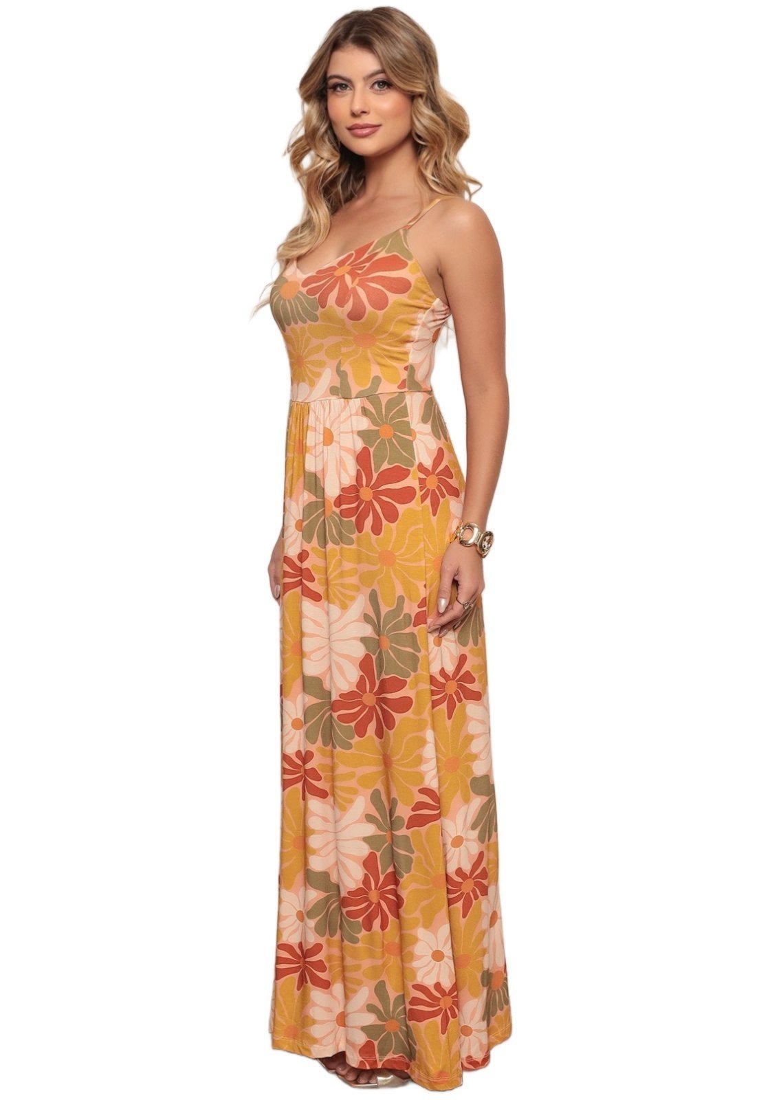 Vista 3 Vestido Longo Casual Alcinha Dellamarca Estampa Total estampado/floral/laranja Dellamarca estampado/floral/laranja