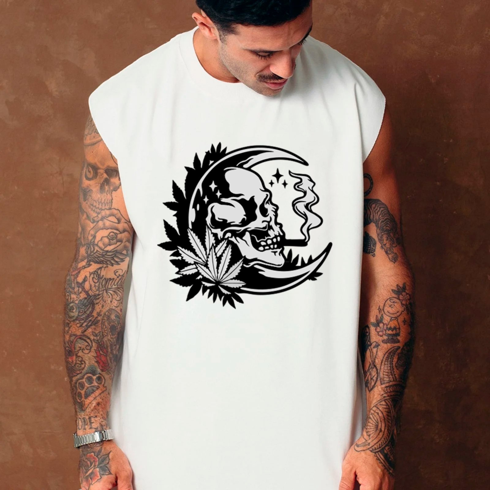 Camiseta Regata Machão Ousy Caveira e Lua Oversized Masculina Branco