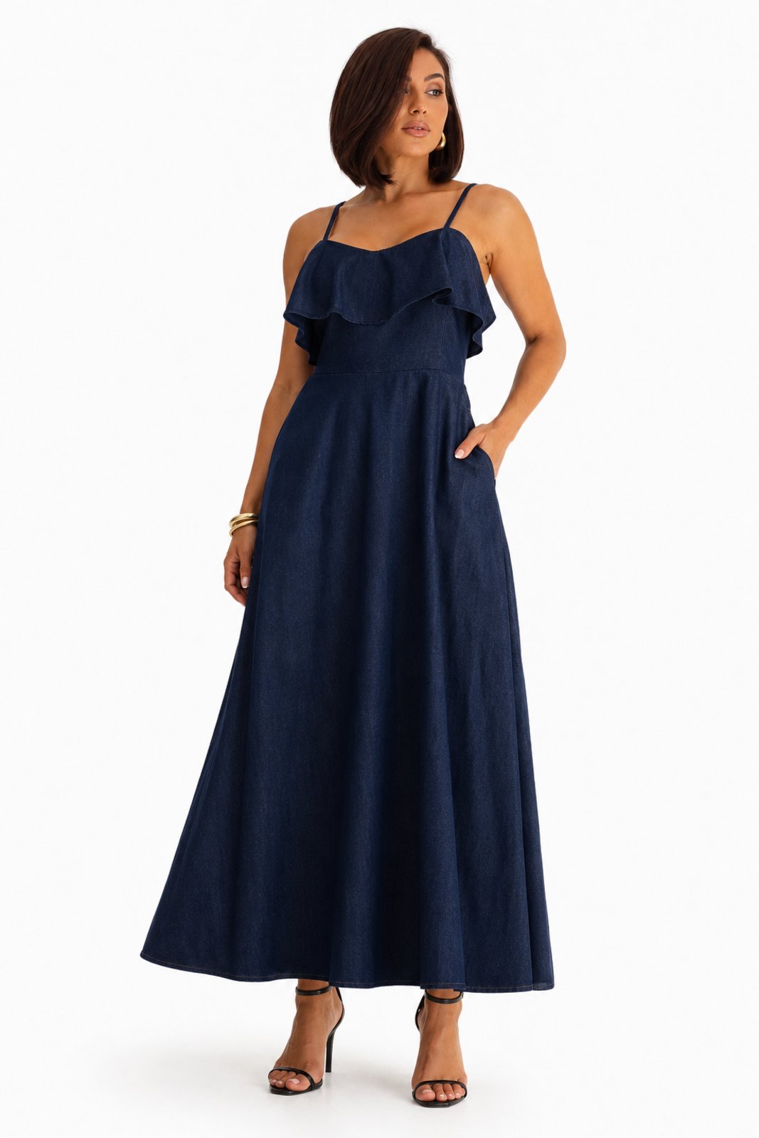 Vestido Alcinha Longo D Bell Outlet Com Babado Azul Escuro