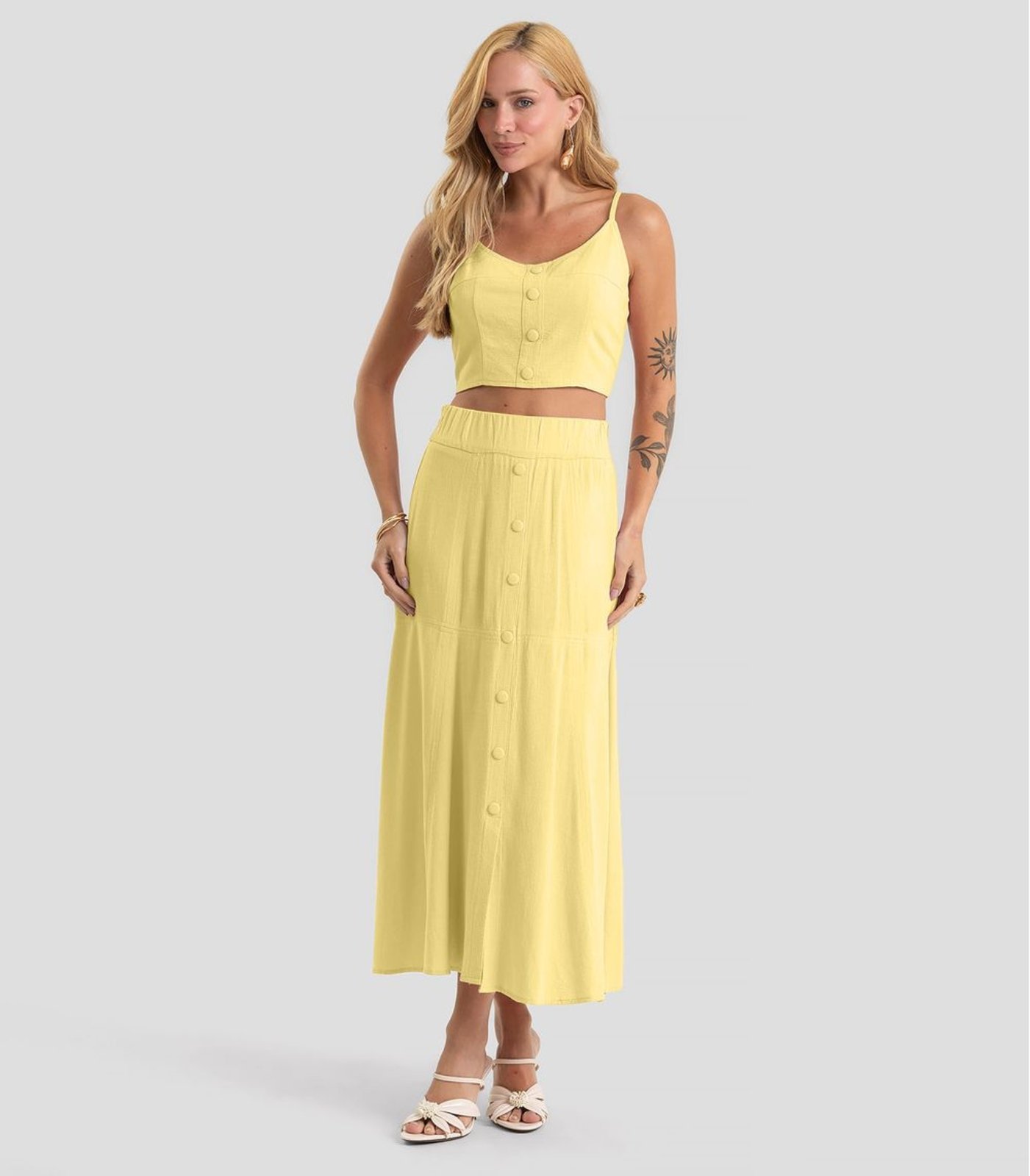 Saia Feminina Midi Com Botões Em Linho Dianna Amarelo
