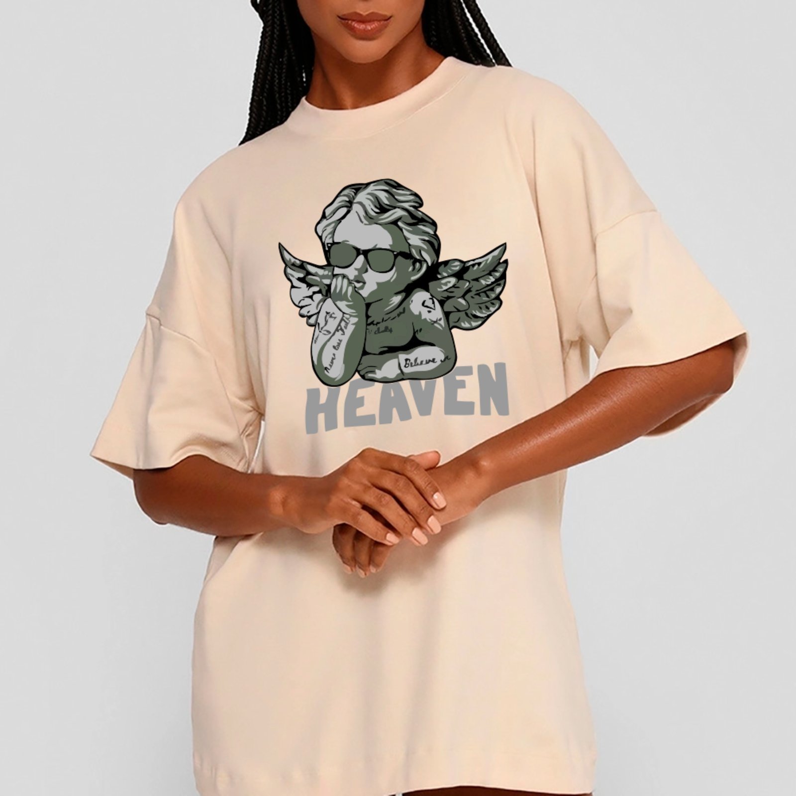 Vista 2 Camiseta Ousy Unissex Anjo Heaven Visual Exclusivo Premium Streetwear Oversized Off White off-white white ousy off-white white
