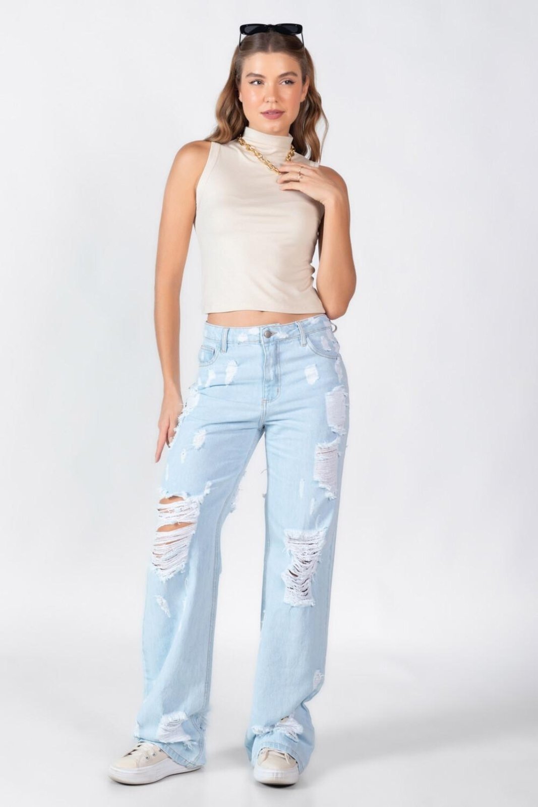 Blusa regata em viscose gola alta Bege
