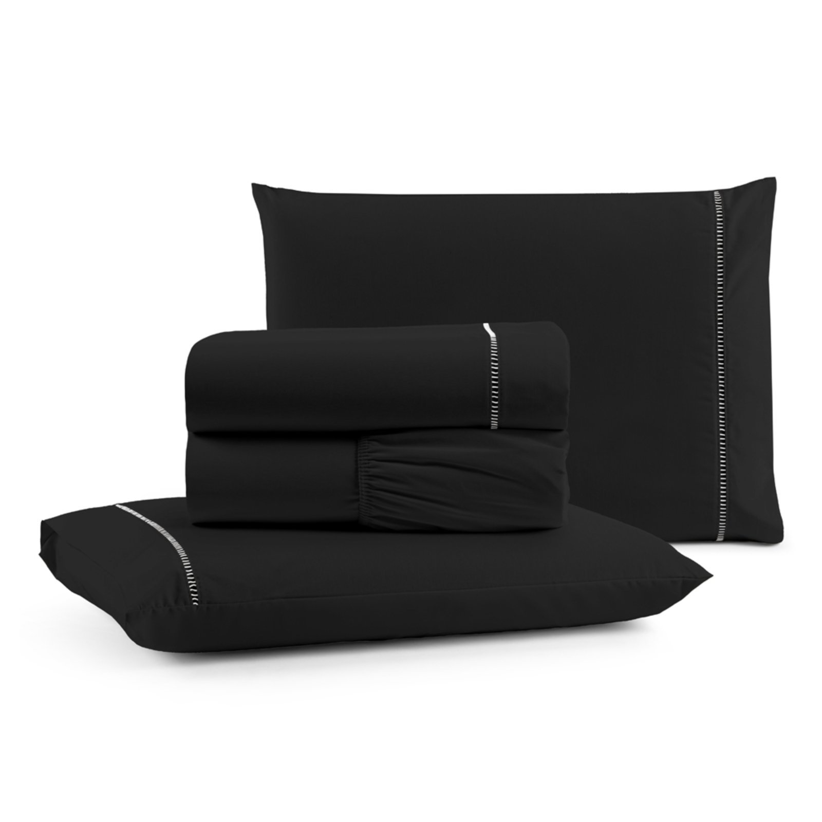 Jogo Cama Lençol Casa Scarpa Bali Queen Percal 180 Fios Algodão Ponto Palito 4 Peças - Preto