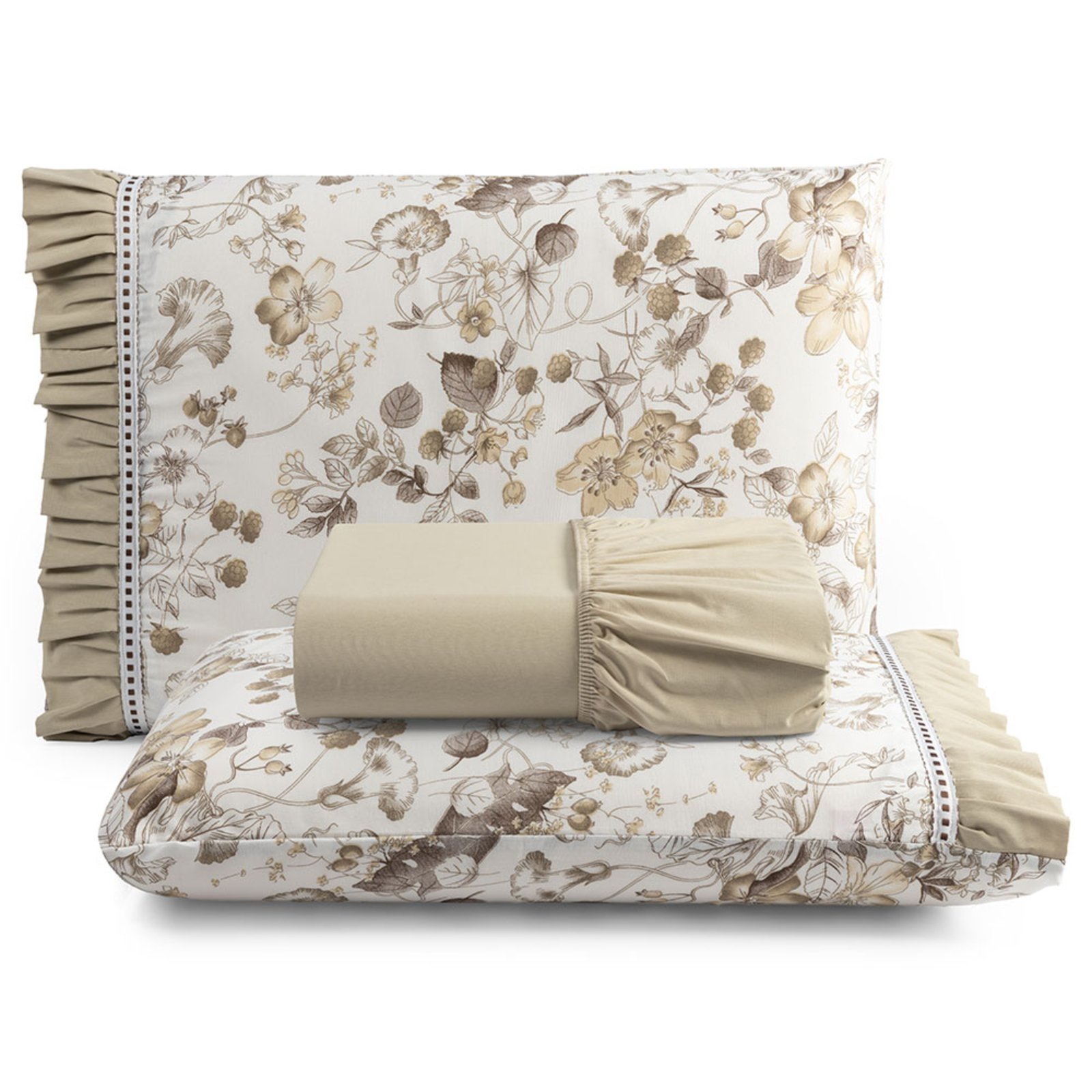 Jogo Cama Lençol Fiore Casa Scarpa Casal Padrão Estampado 180 Fios 100% Algodão com Babadinho 3 Peças Bege Floral
