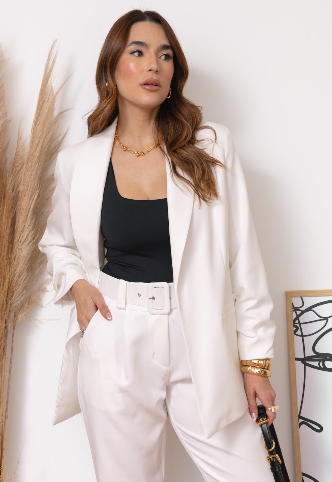 Blazer MOS Feminino de Alfaiataria Alongado com Manga Franzida 3/4 Off White Branco – Mariana Olympio