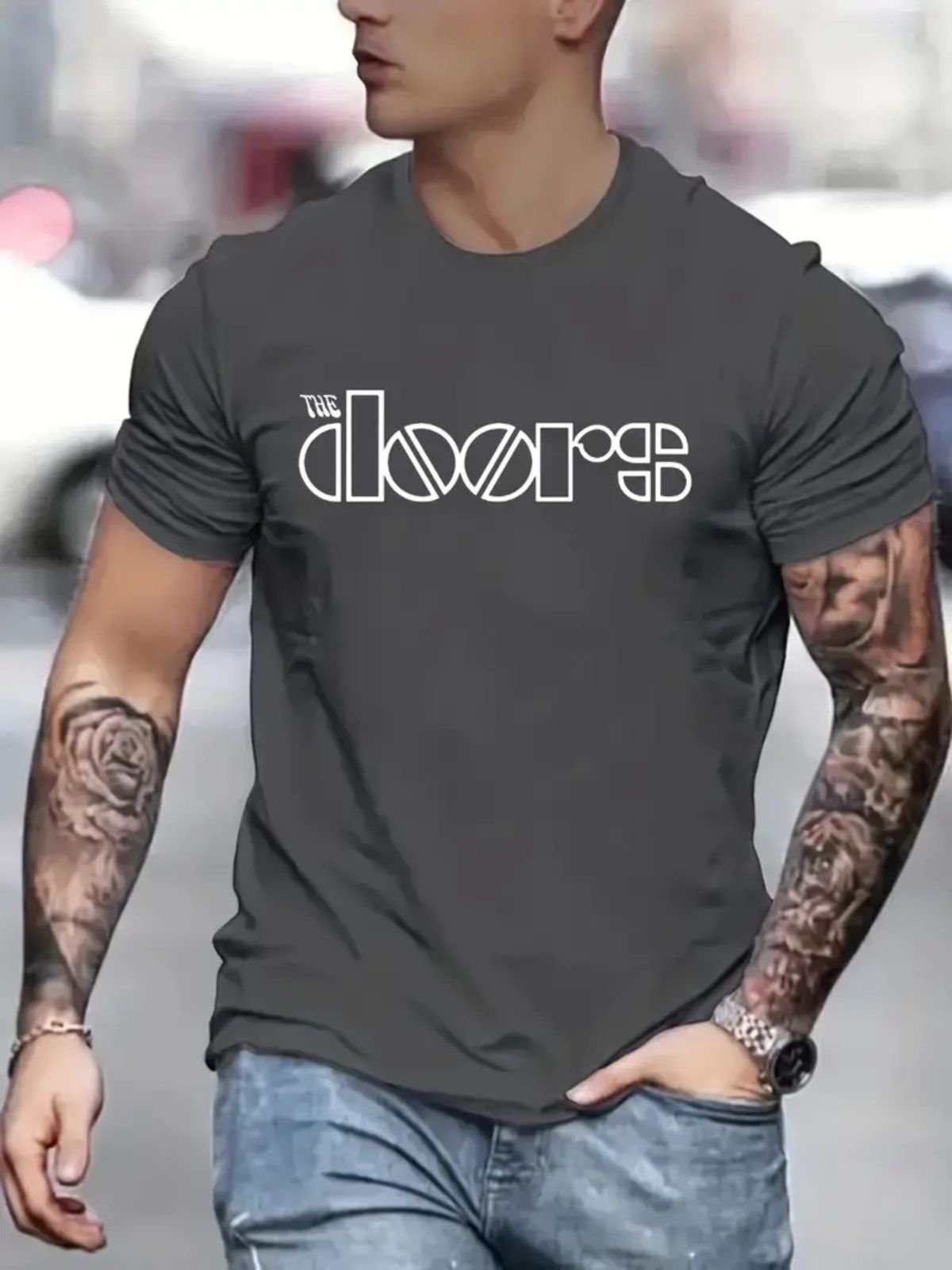 Camiseta Estampada The Doors Safira Moda Algodão Cinza Chumbo