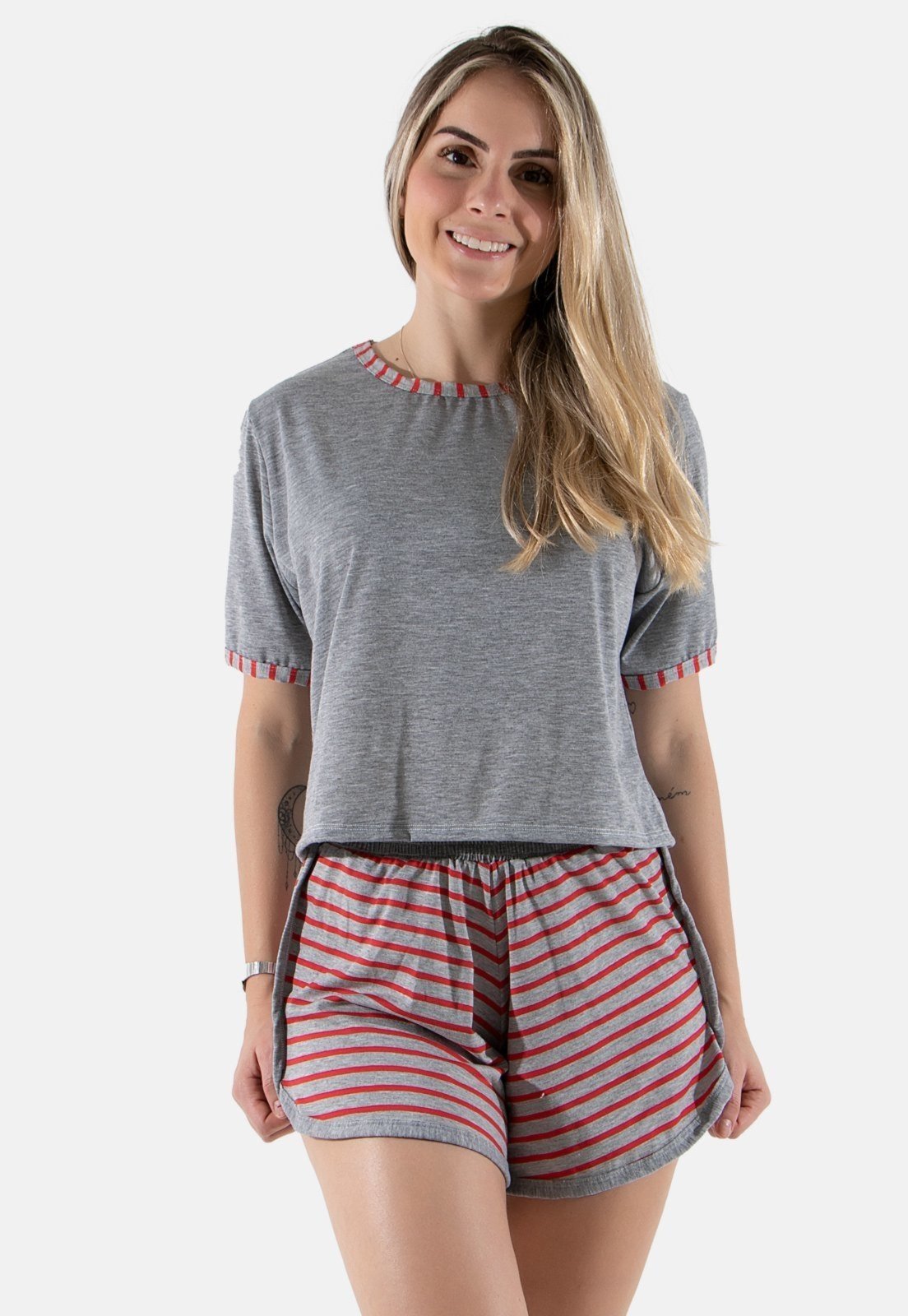 Pijama Liso Short Listrado Linha Noite 391