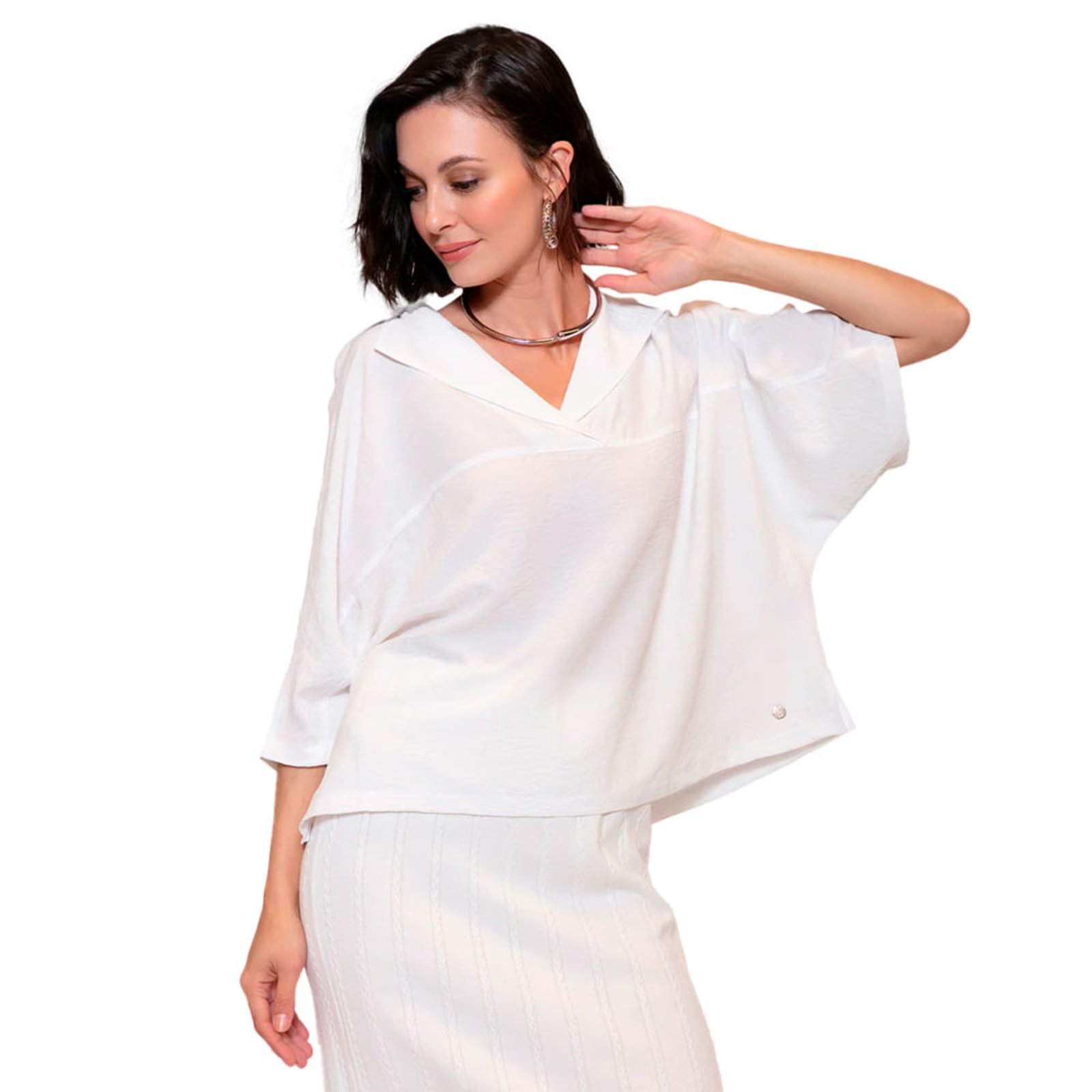 Blusa Feminina Biamar Gola V Lapela Oversized Branco